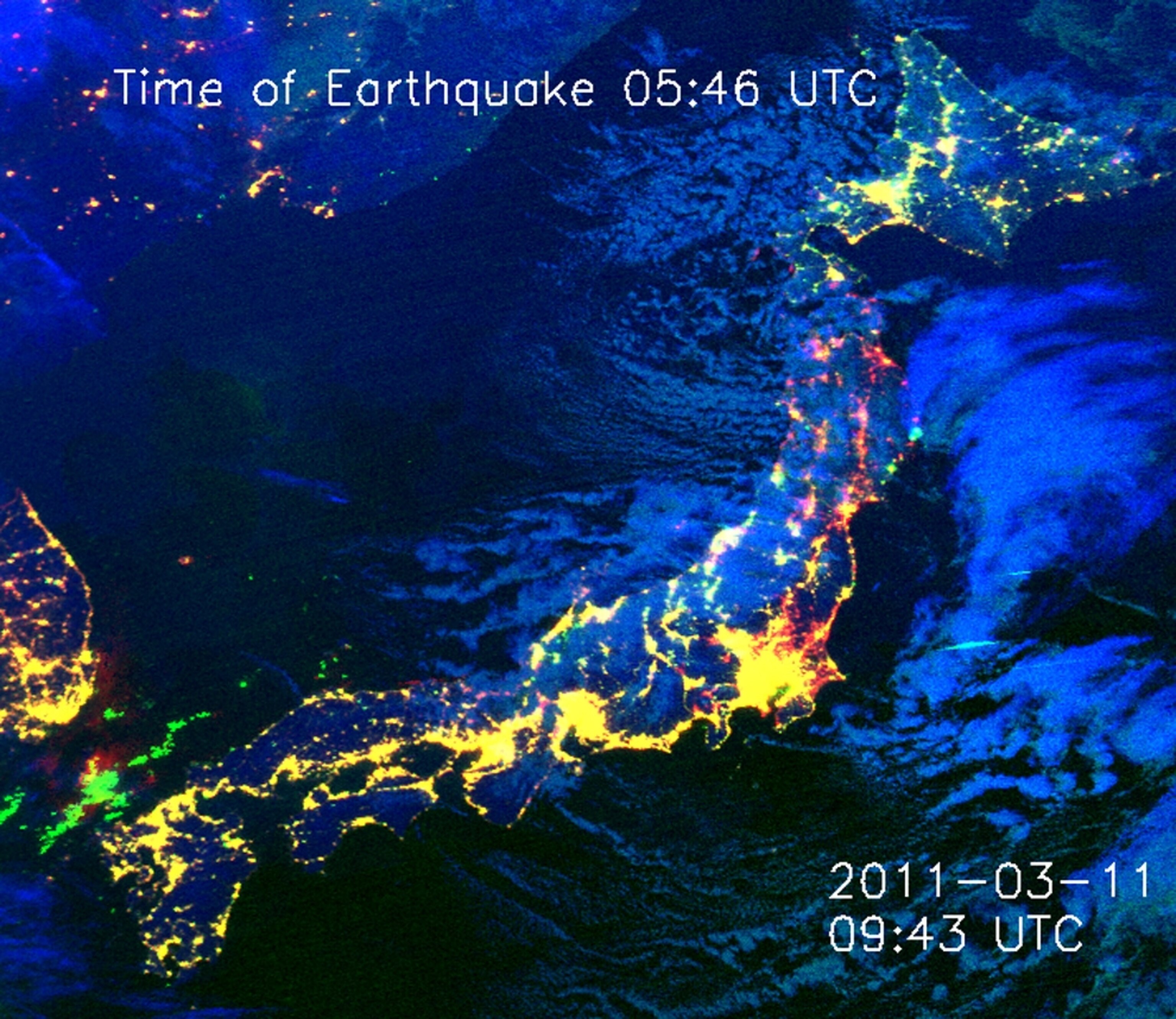 Satellite picture showing power outages in Japan