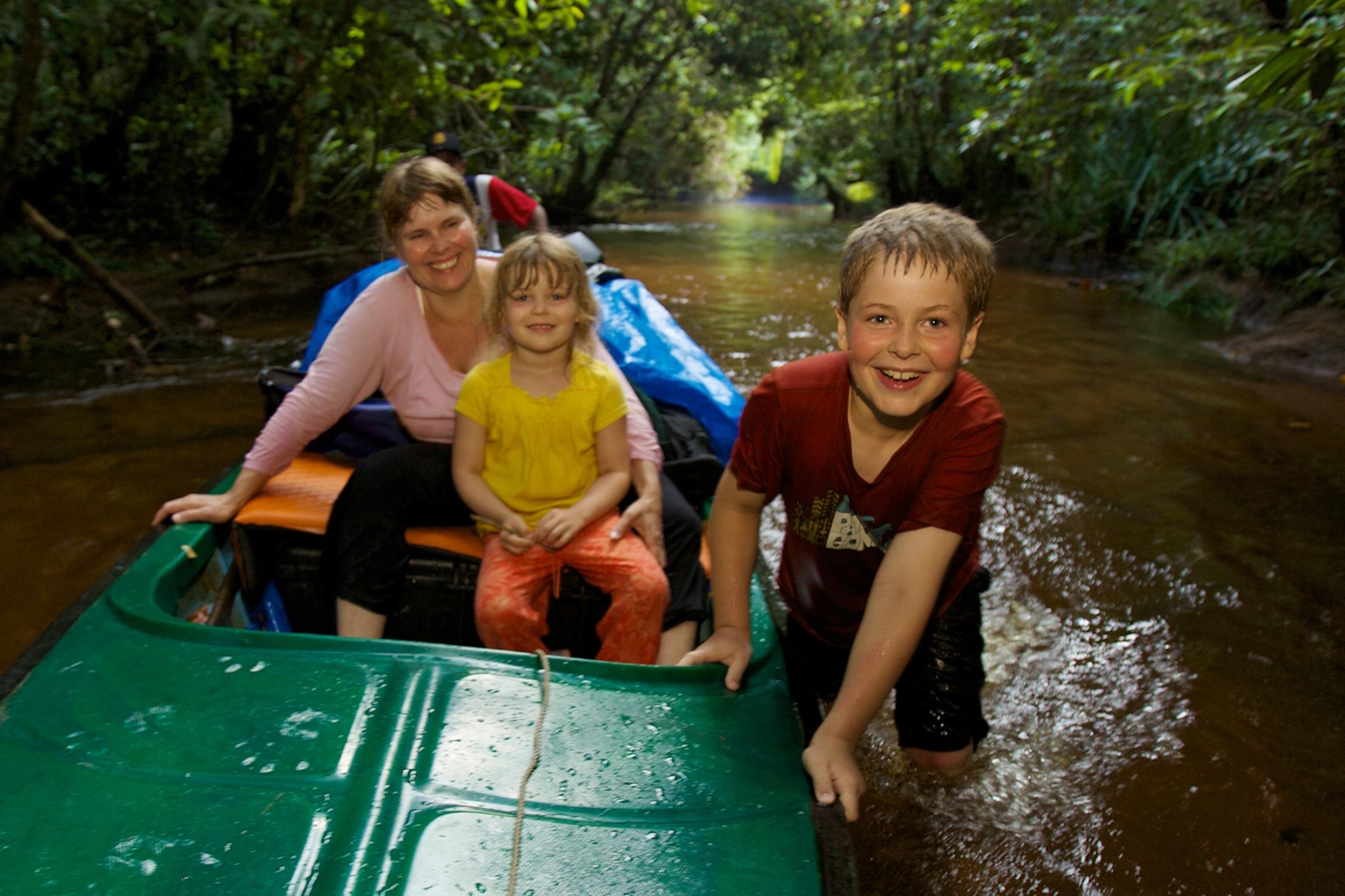 Russell and Jessica Laman with their mother, Cheryl Knott, going on the Journey upriver to Gunung Palung National Park. 2009