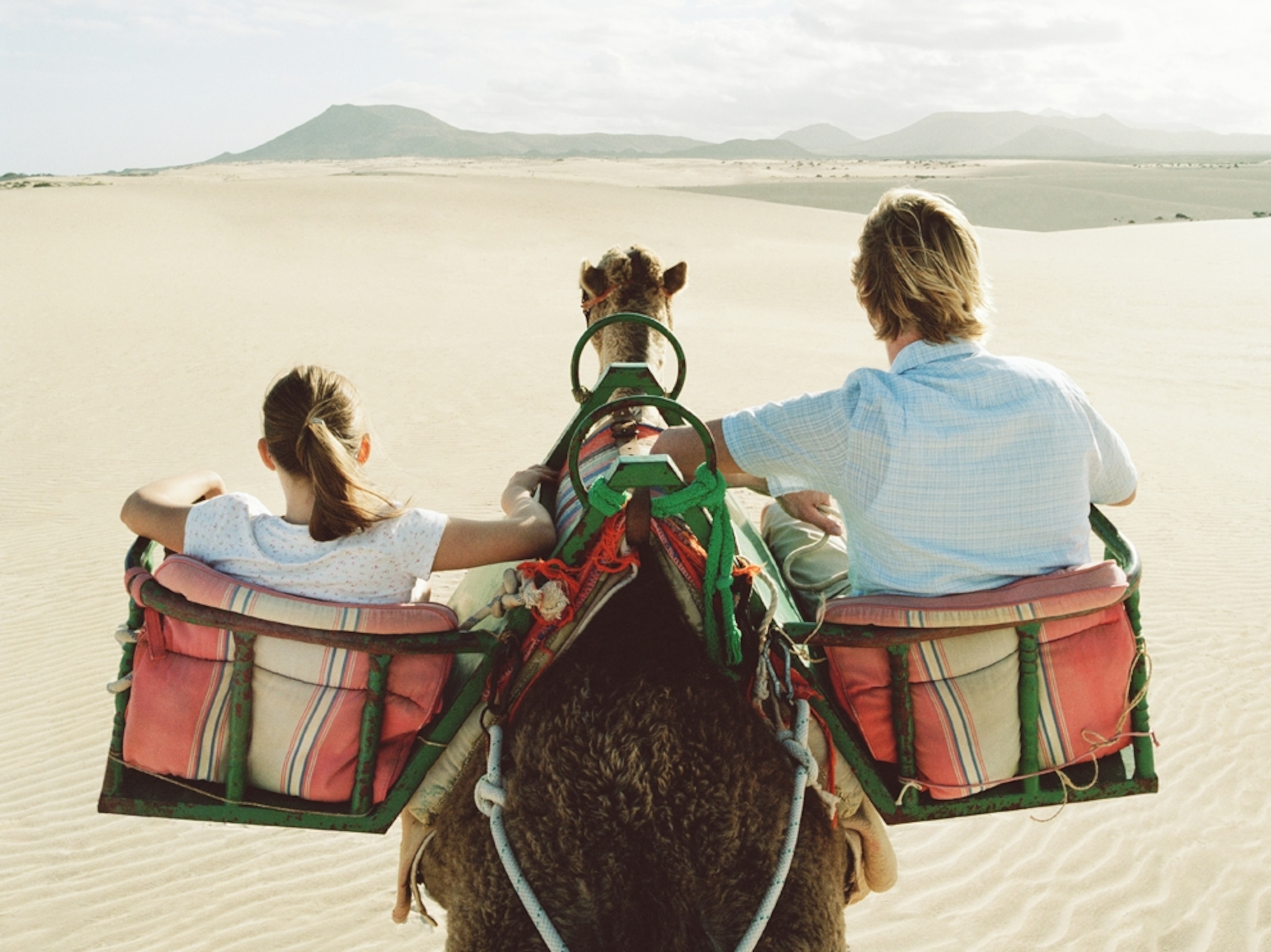 father daughter riding camel rear view
