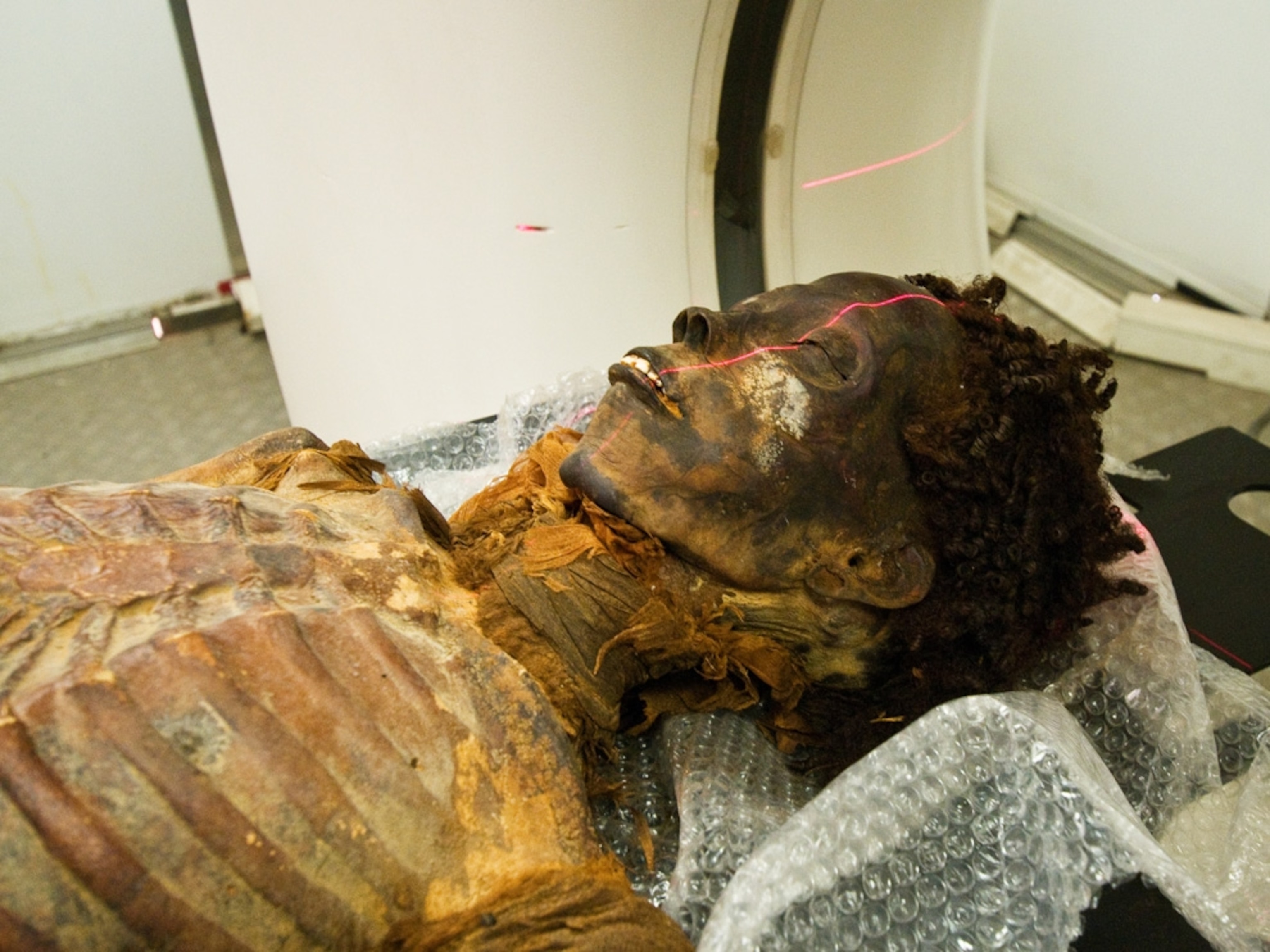 Egyptian mummy picture: A male mummy's head and upper torso in a CT scanner