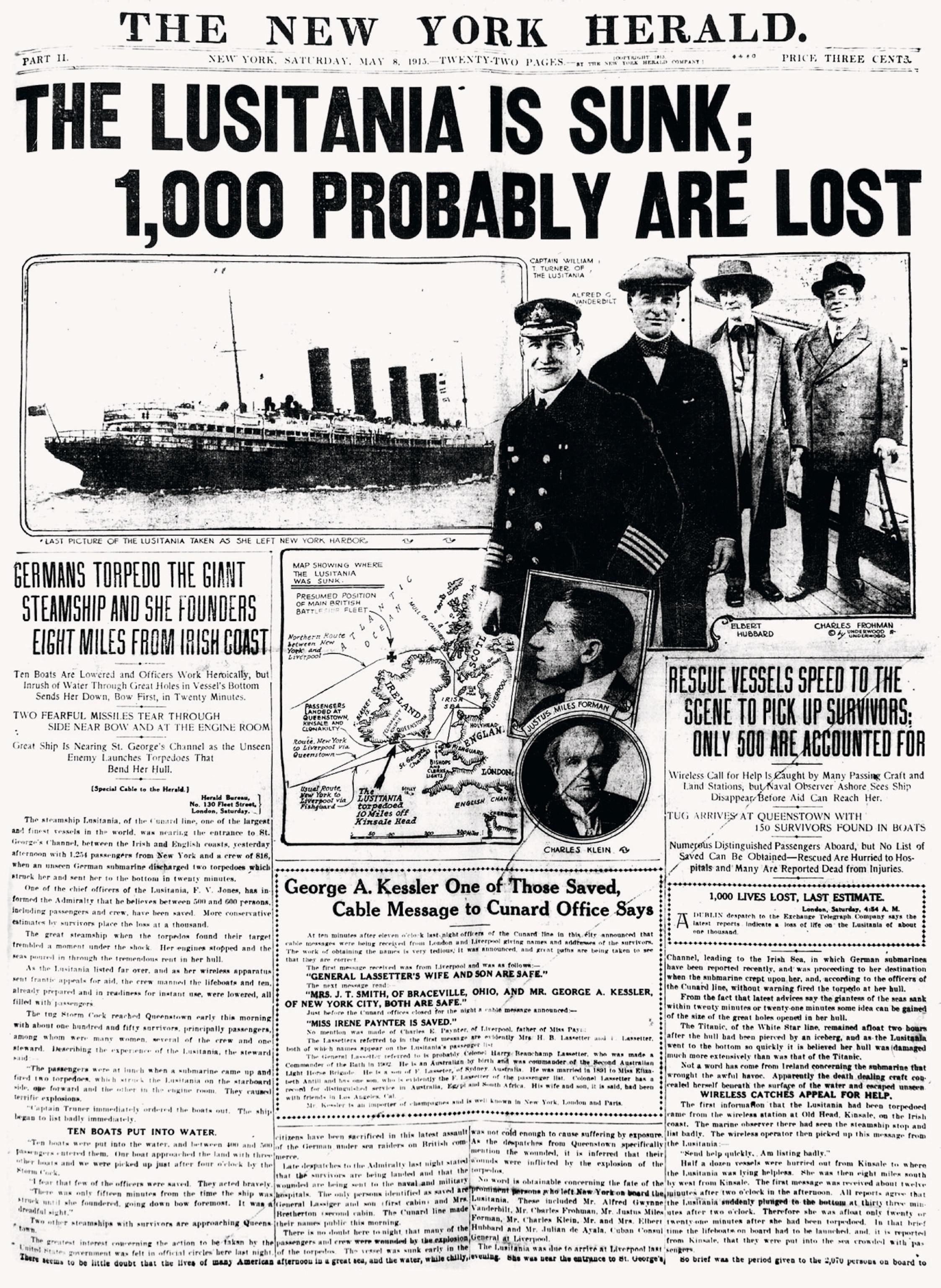 The front page of a New York newspaper of the time is pictured with the headline “The Lusitania Is Sunk; 1,000 Probably Are Lost.”