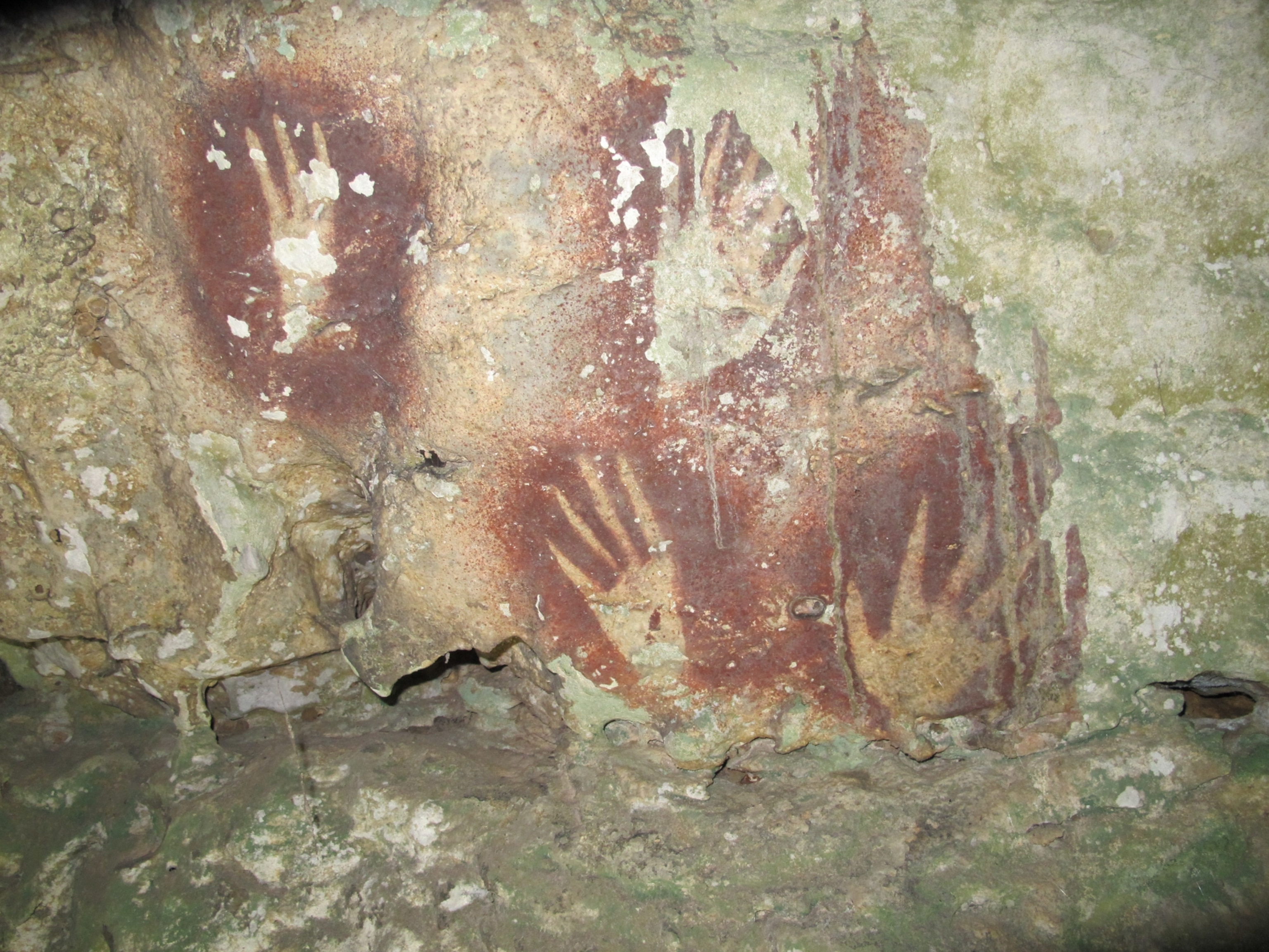 Ancient rock art featuring red handprints on a cave wall with a weathered surface.