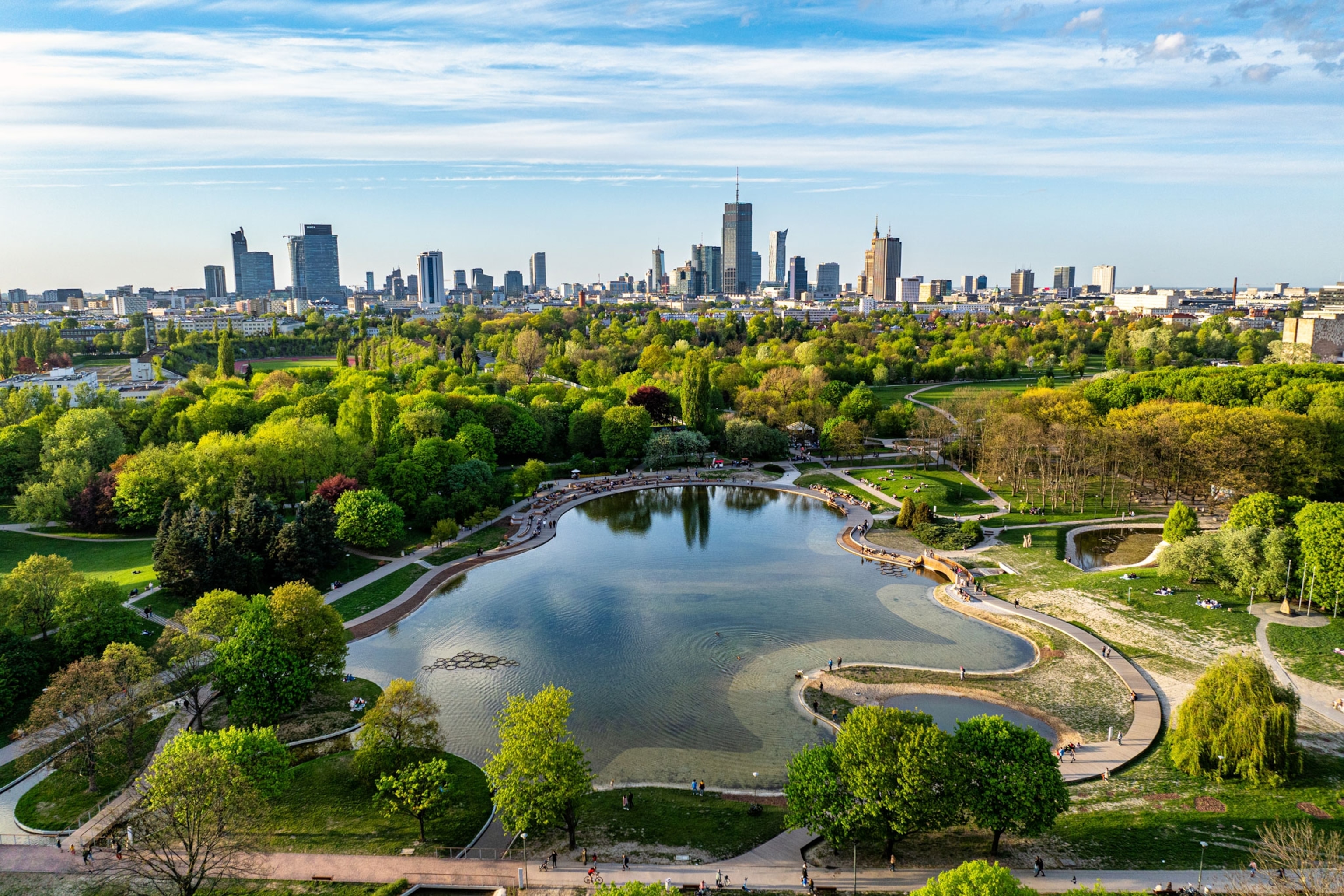 Aerial view of the park and river at Pole Mokotowskie garden in Warsaw Poland