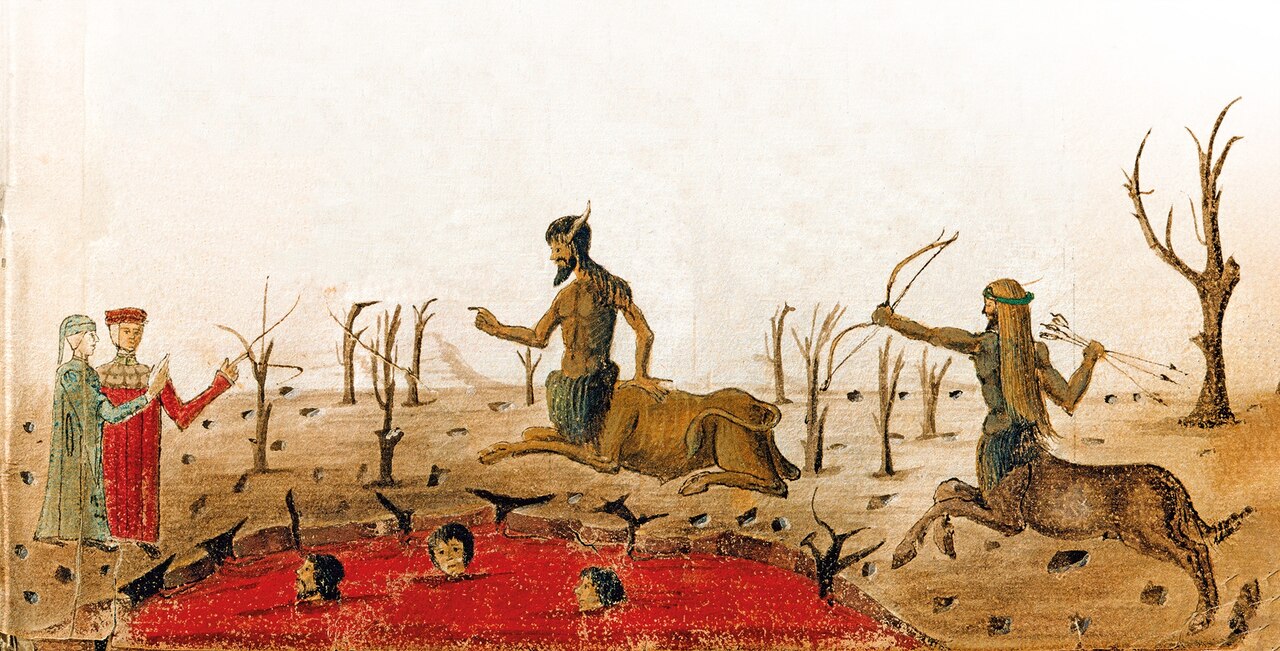 Two centaur guards greet Dante and Virgil in the seventh circle in a late 15th-century codex.