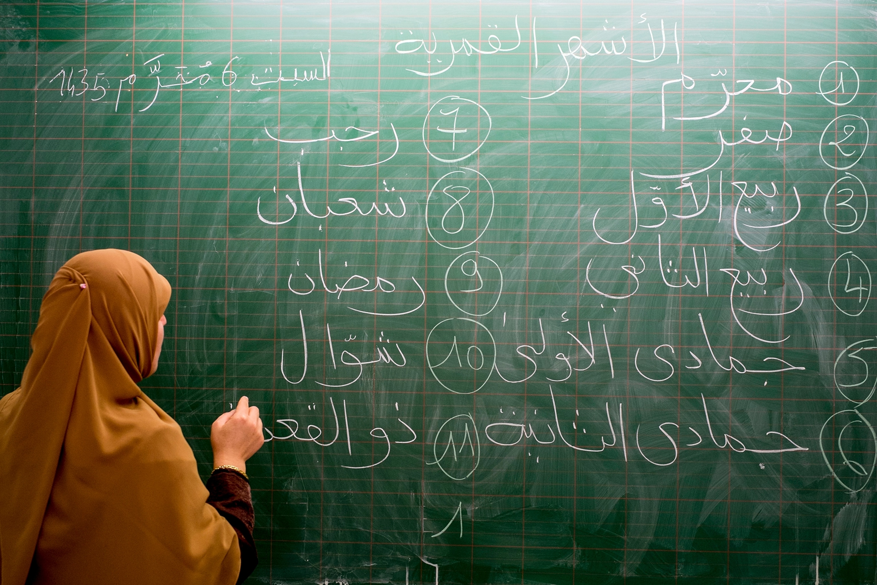 girl at chalkboard at mosquee in France