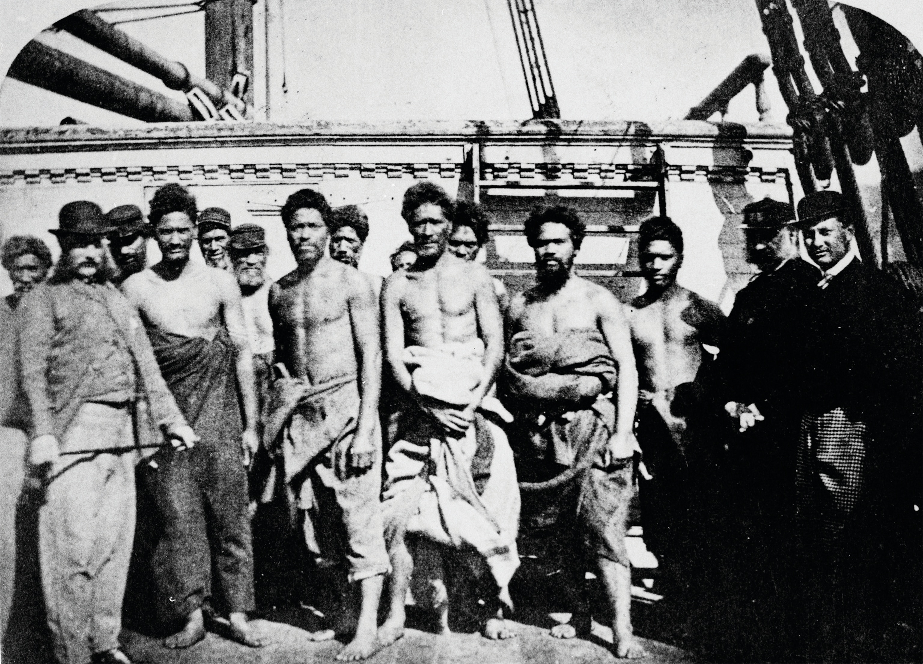Followers of Te Ua Haumēne are held on a British ship in Wellington Harbor before their transfer to prison.