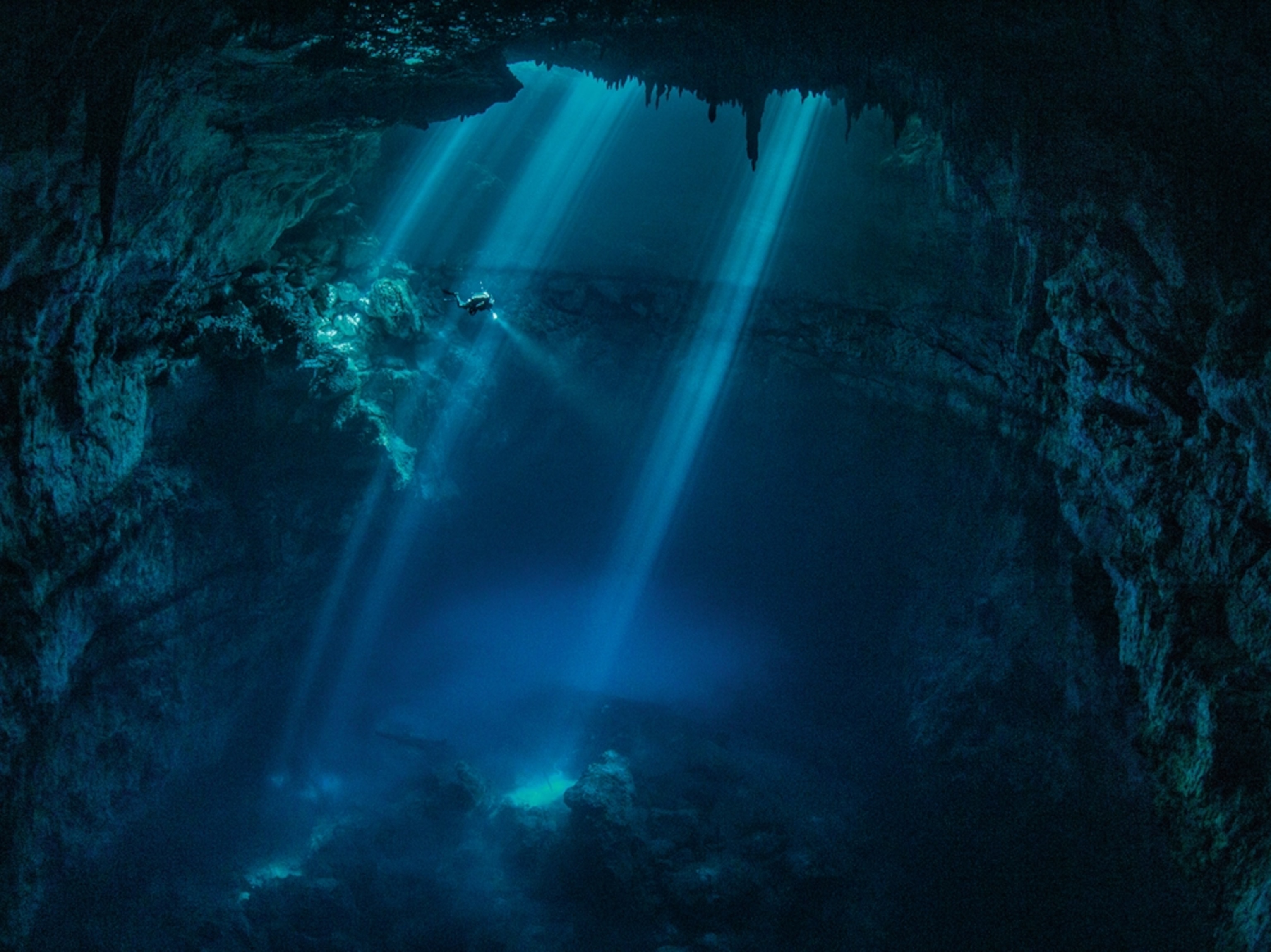 a diver in a centote, Tulum, Mexico