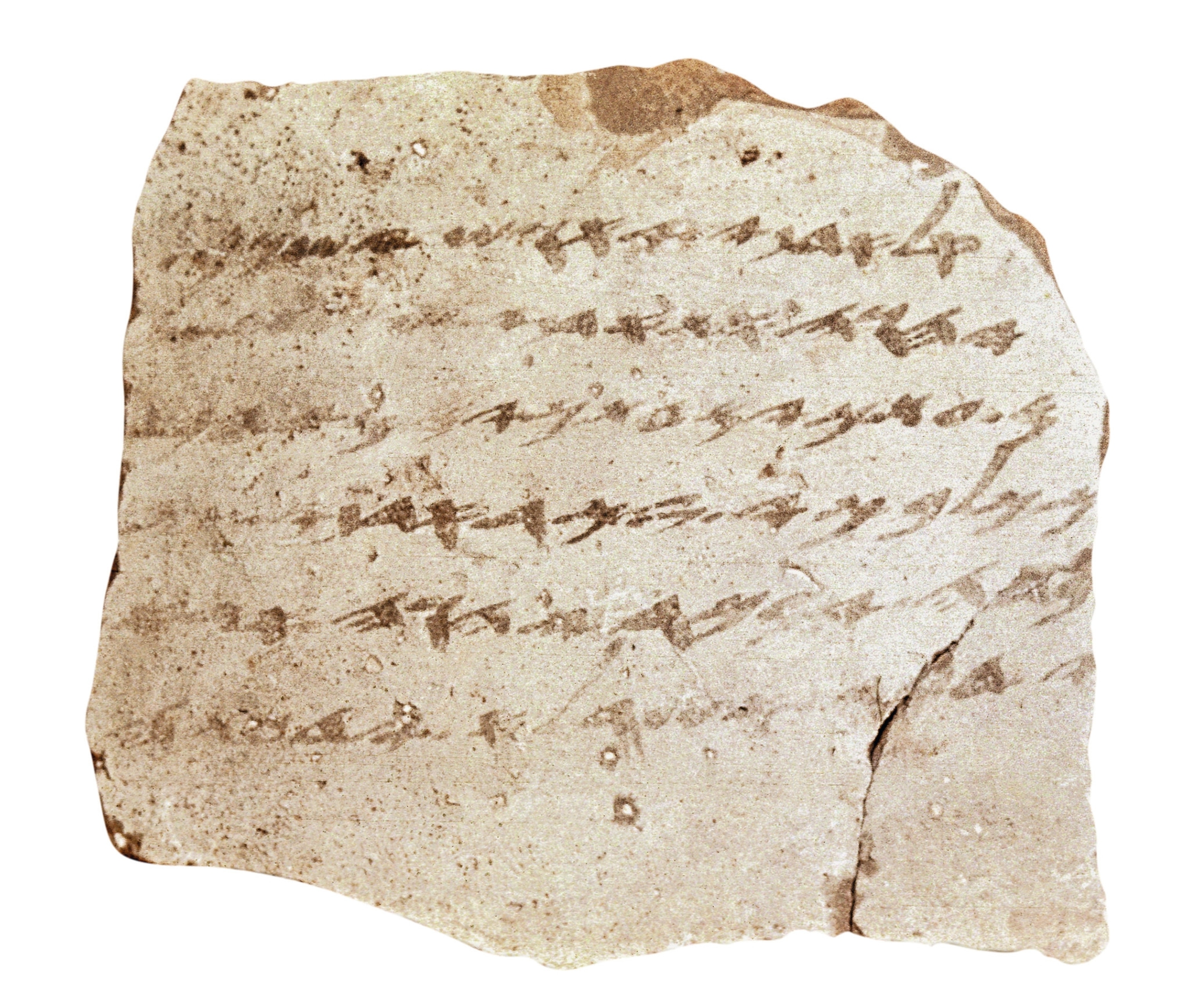 A fragment of an ostracon that forms part of a set of letters discovered at Lachish in Judaea.
