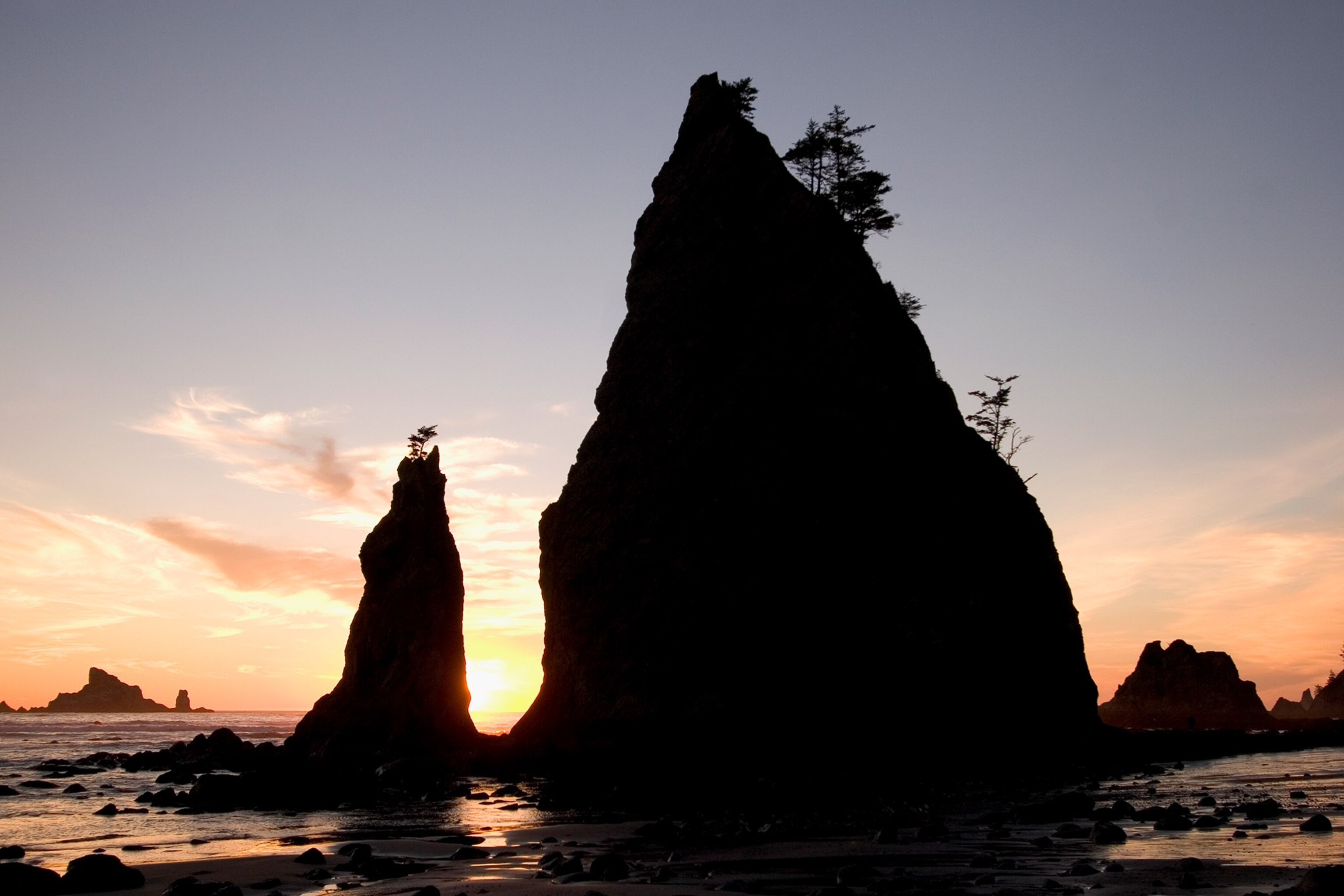 sea stacks at sunset at Rialto Beach in Olympic National Park, Washington State