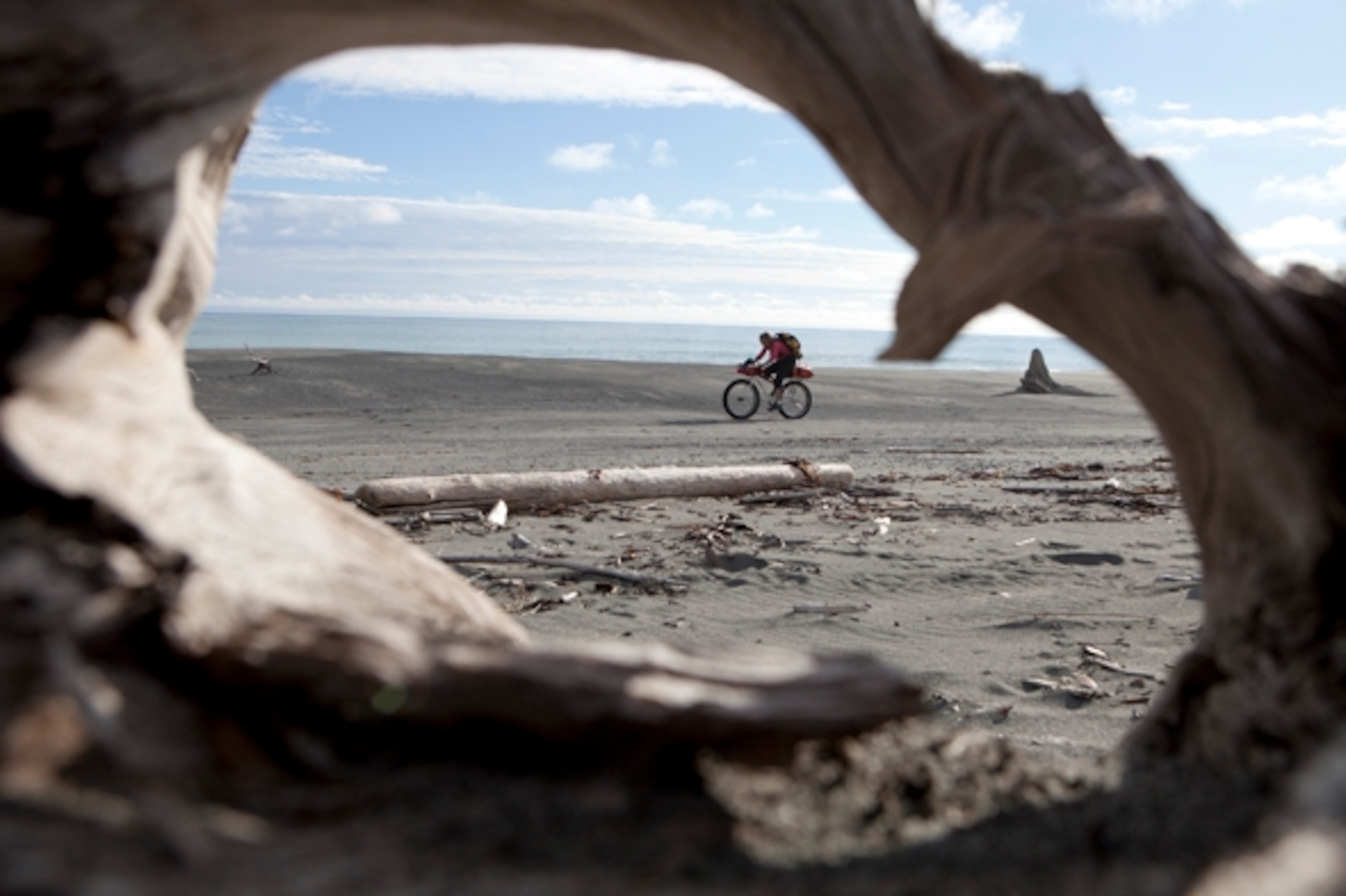 A gnarled chunk of driftwood frames Iris, as she pedals along a beach of firm sand; Photograph by Cameron Lawson
