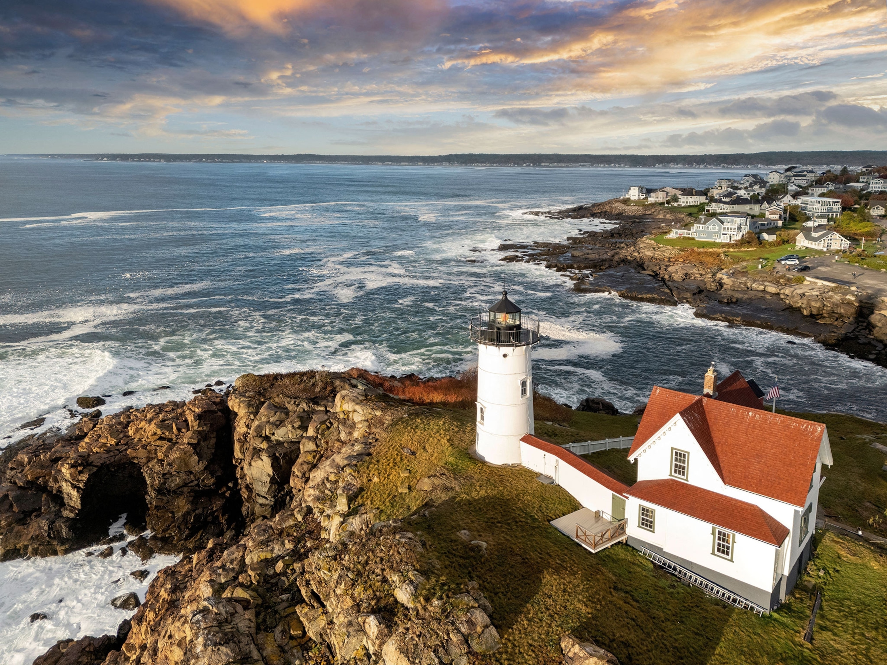 Aerial View Cape Neddick Lighthouse also called Nubble Lighthouse