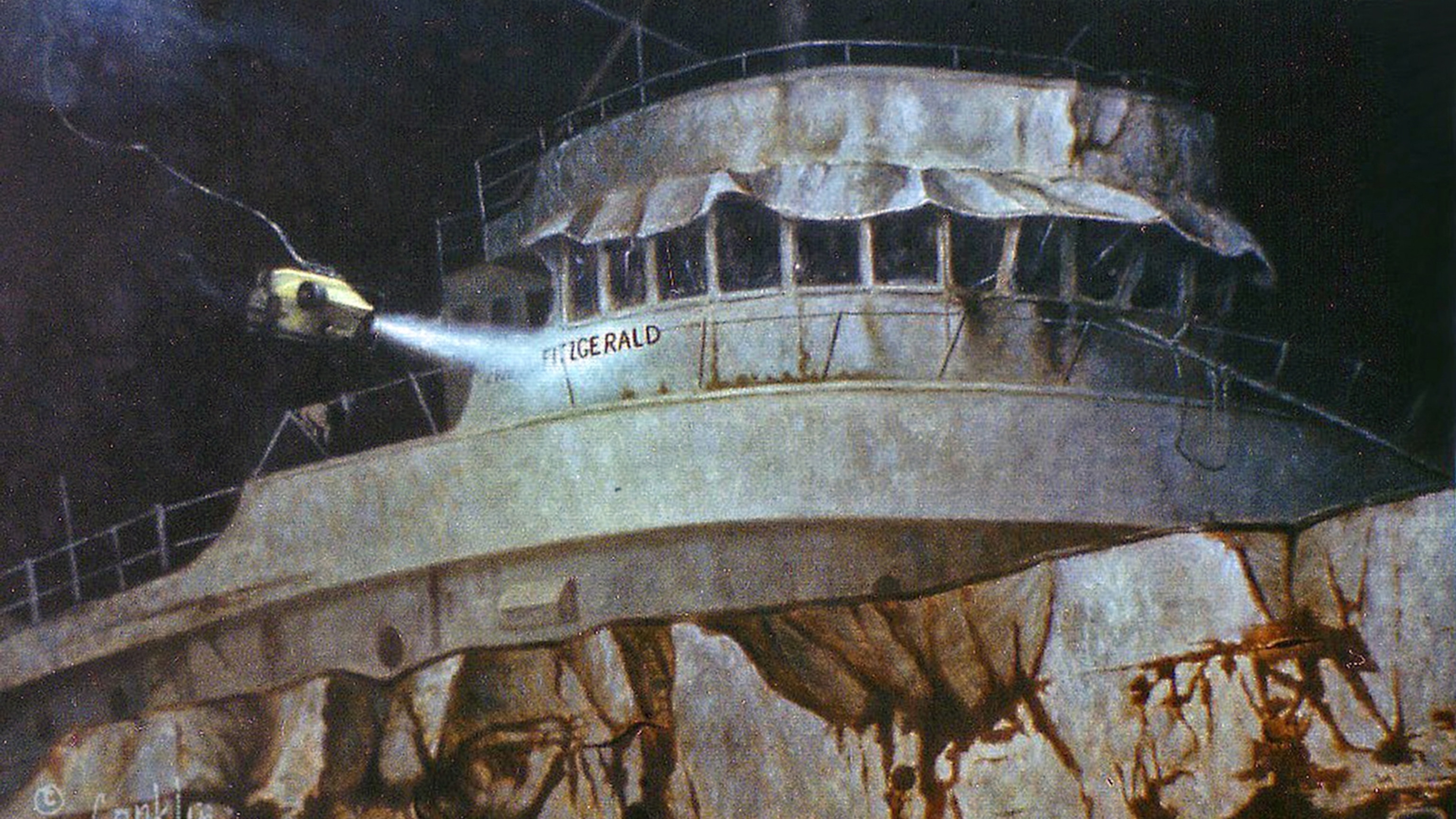 A painting of an overturned cargo ship at the bottom of a deep lake. A small submersible is seen investigating the wreck.