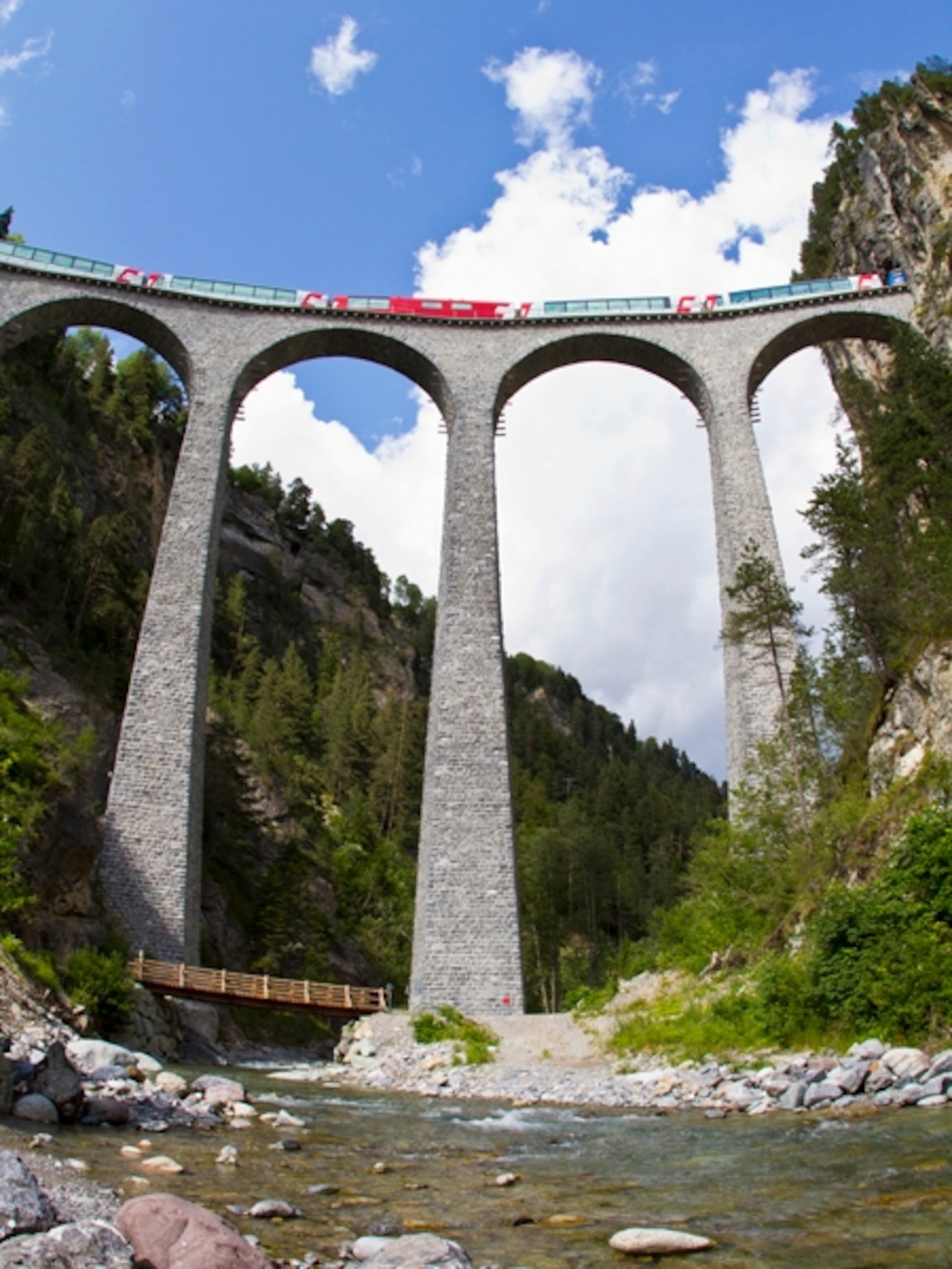 a Glacier Express train on viaduct