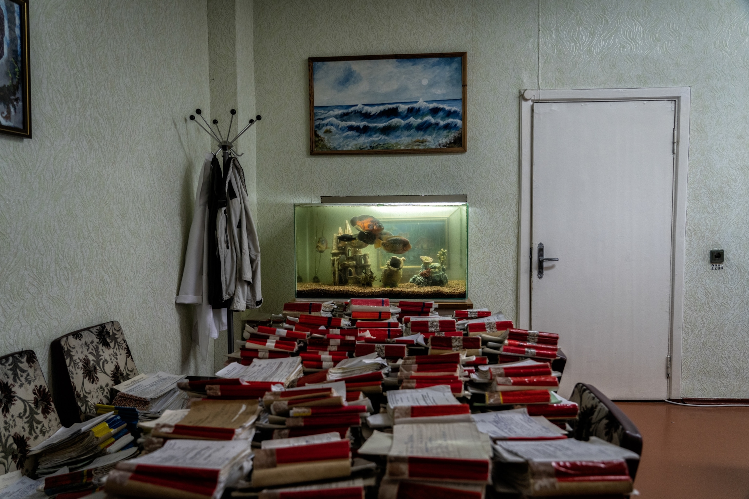 Medical records of Chernobyl hospital patients in the director's office.