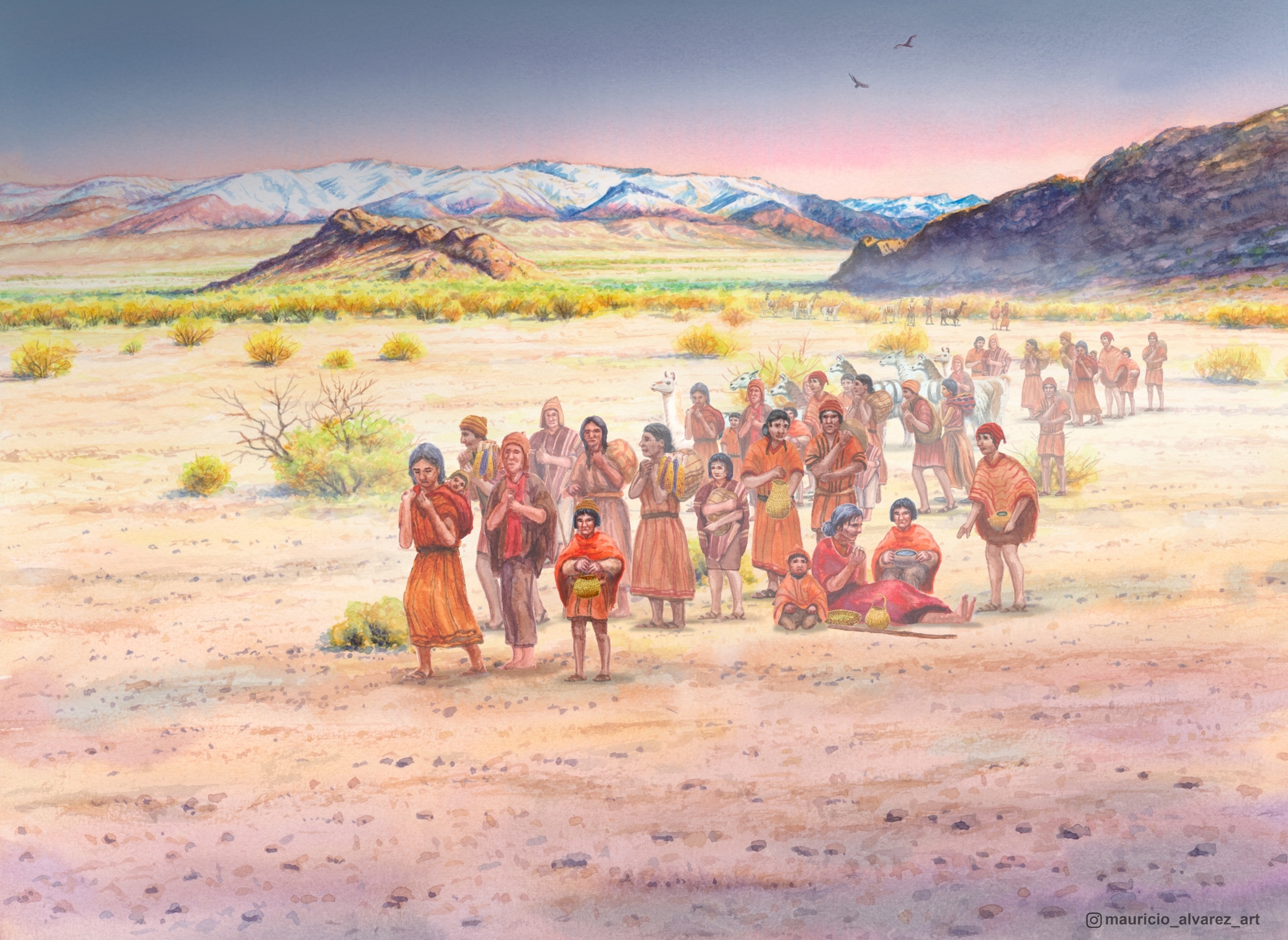 An illustration of a group of indigenous people in traditional attire walking through a desert landscape with sparse vegetation, mountains in the background, and a pink sky.