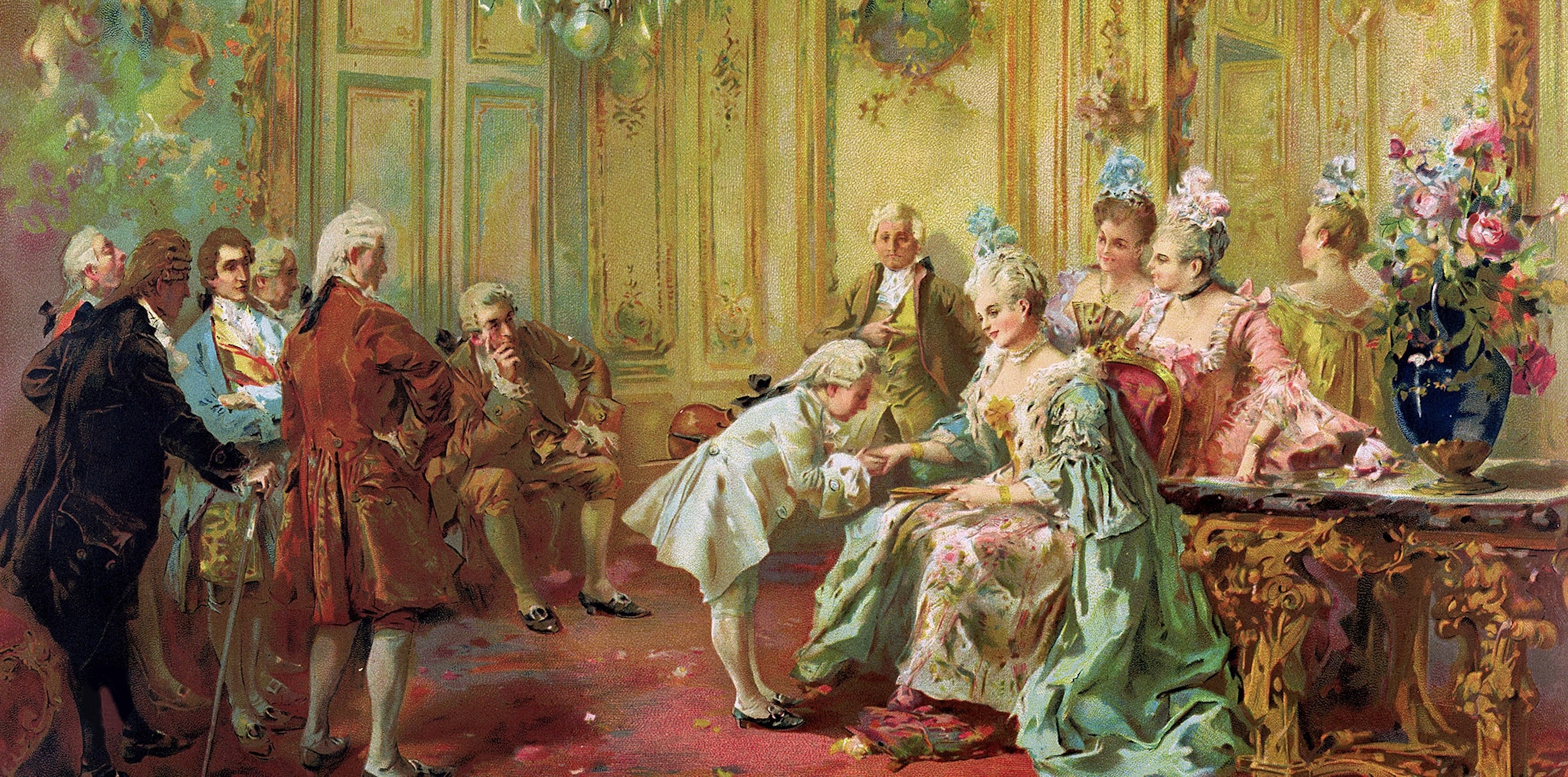 Lady Pompadour sits surrounded by people.