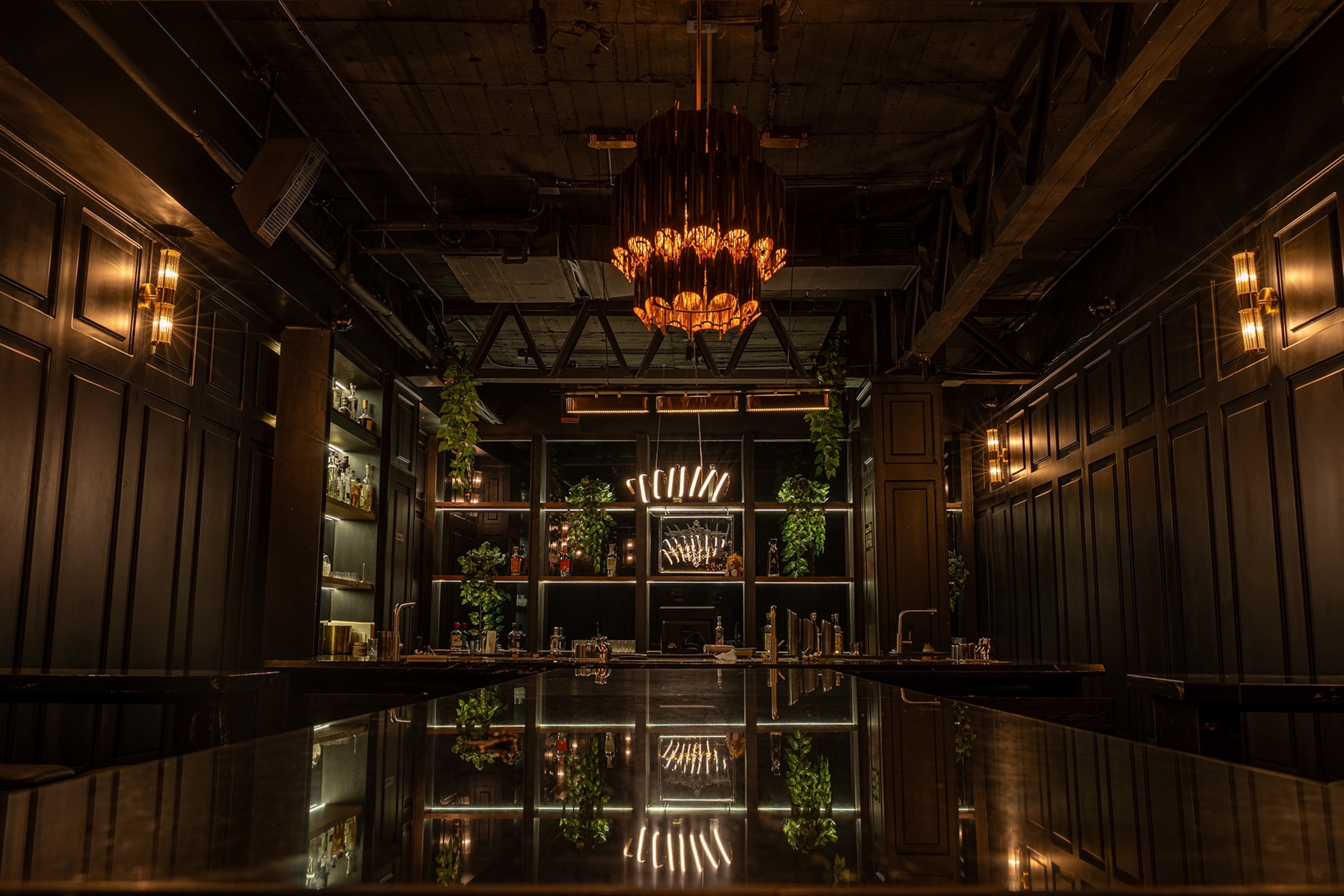 A moody bar with a modern chandelier and plants on a large shelving unit.