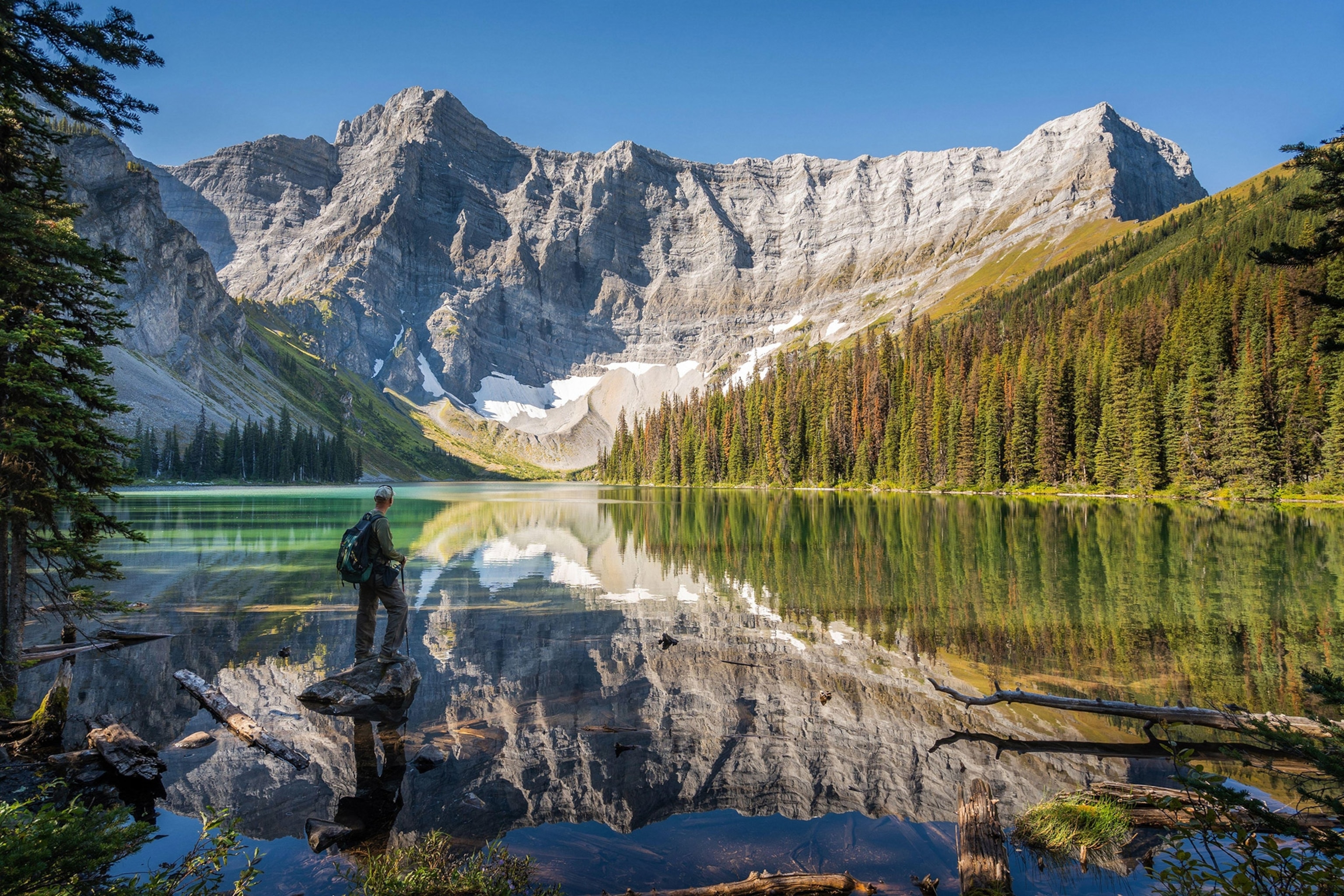 A lone hiker stands on the left looking out across a glassy, reflective lake, surrounded by trees, mountains in background