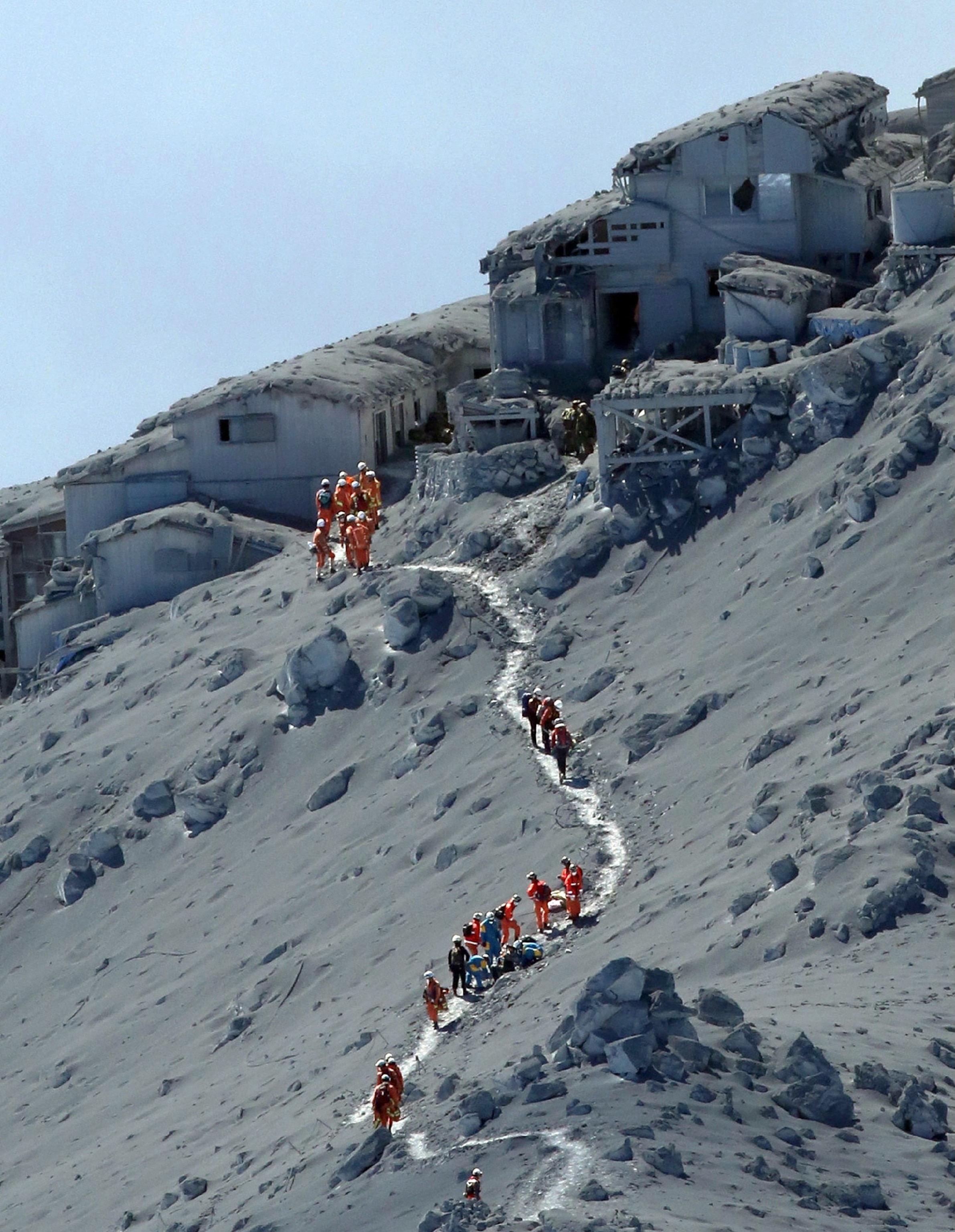 Aerial photo of rescue workers on Mt. Ontake.