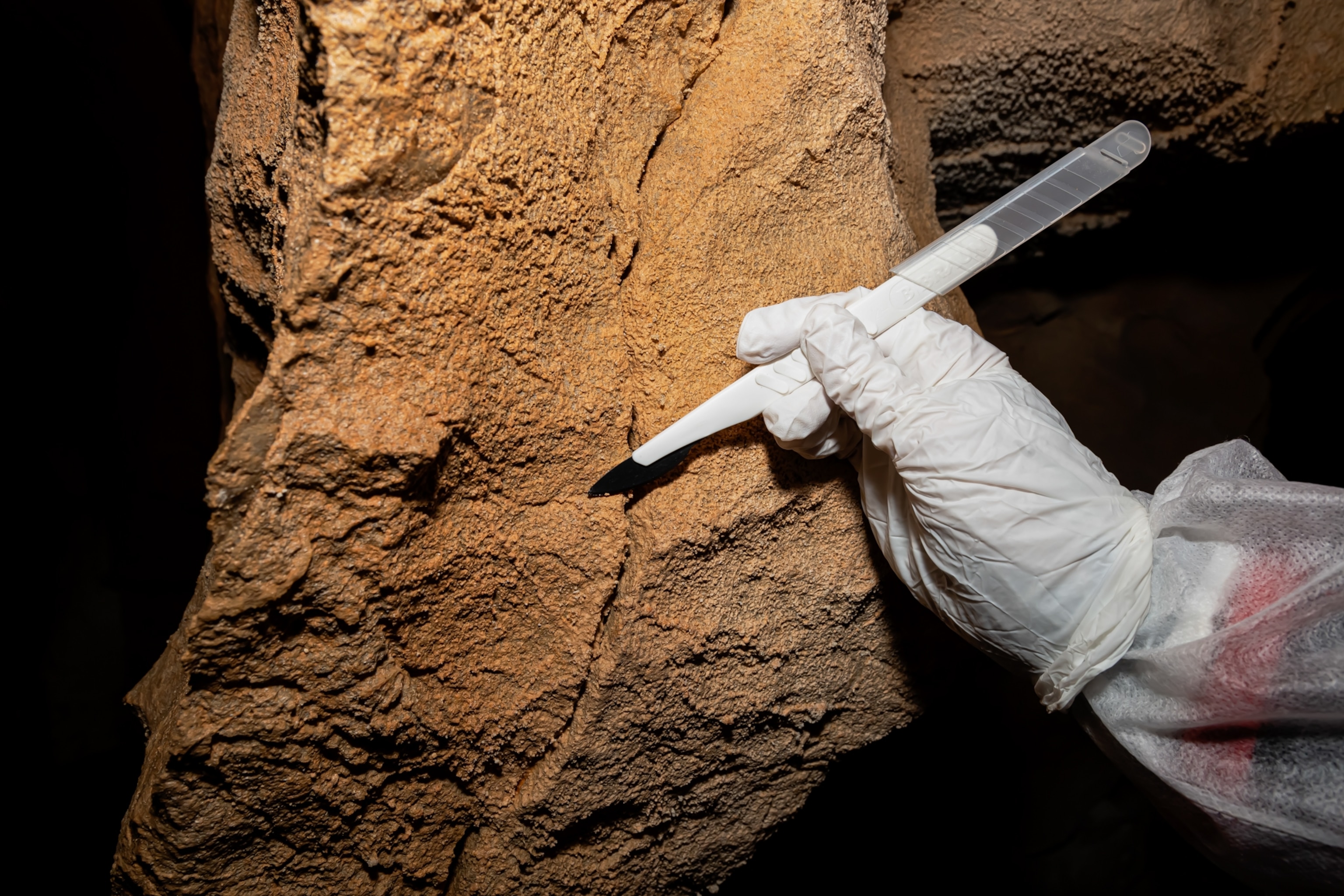 A hand in a white glove holds a scalpel, collecting samples from a textured, orange-brown cave wall.