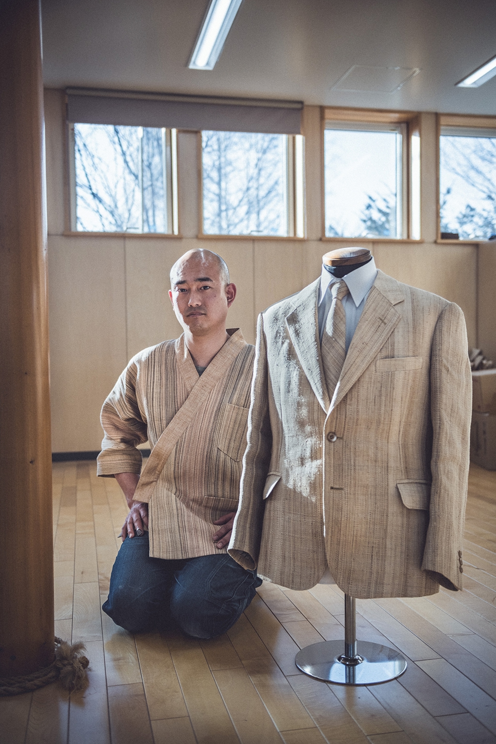 A friendly local man kneeling next to a bust mannequin in a matching fabric suit.