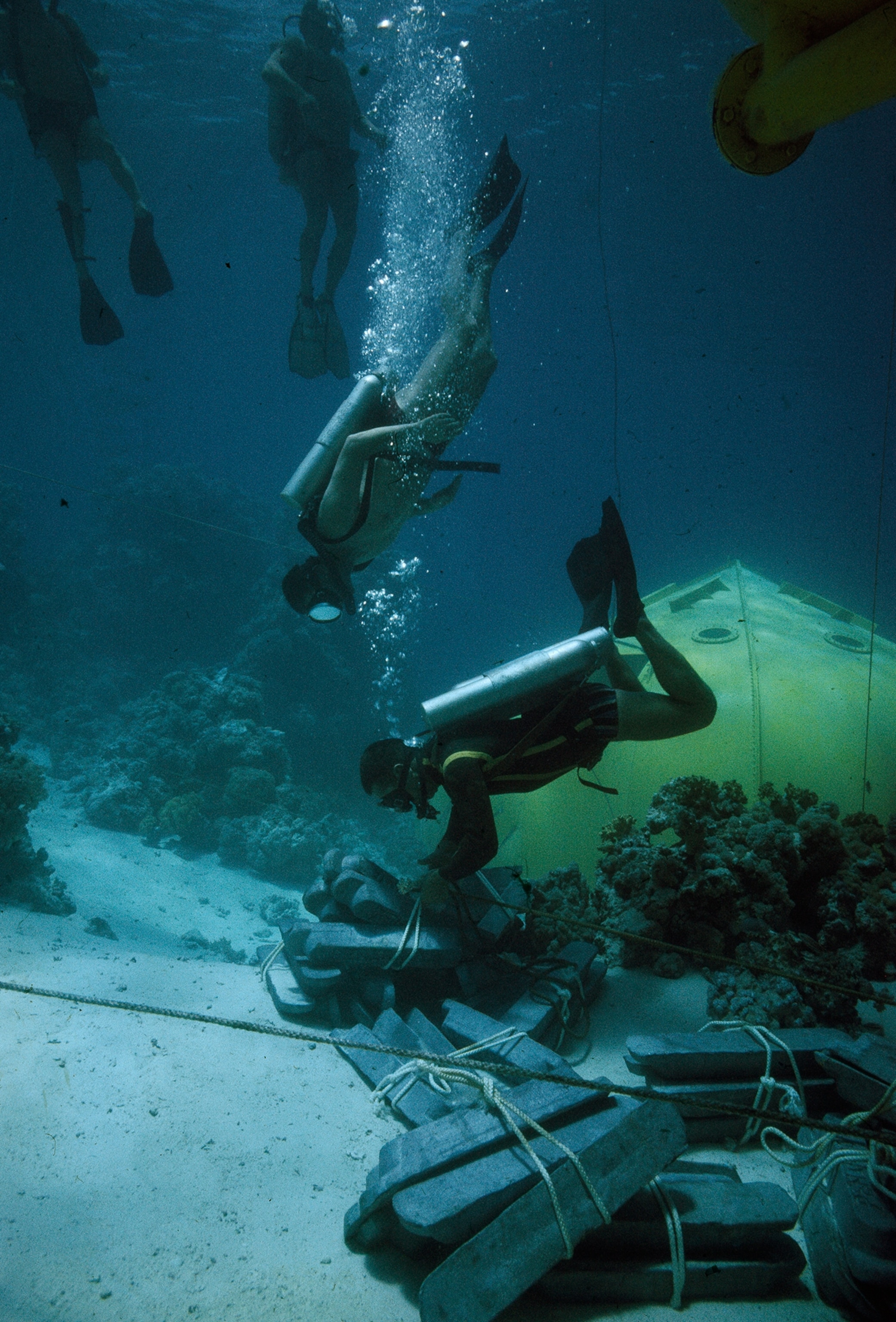 Divers move lead weights to hold a research chamber on the sea floor.