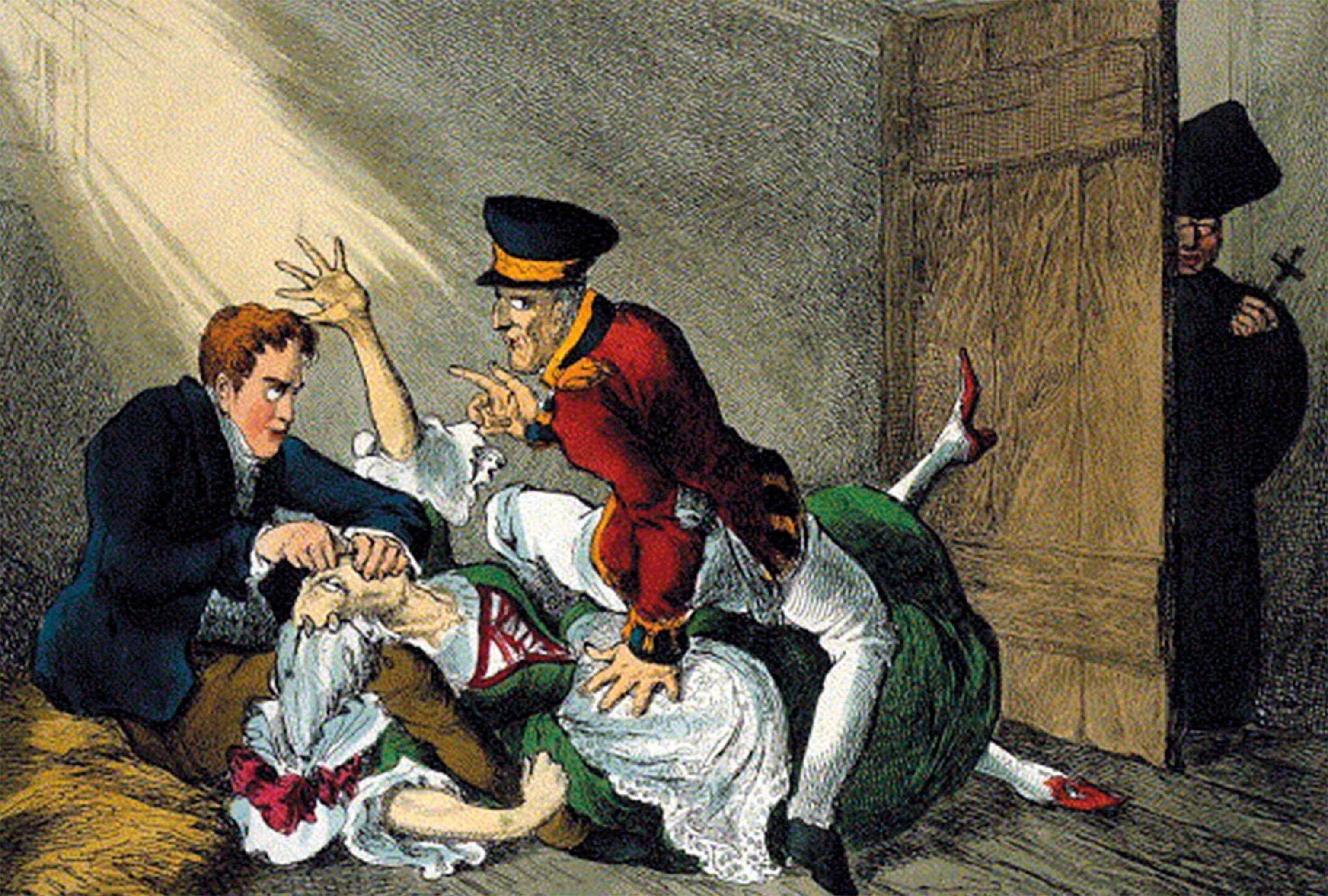 1829 political cartoon depicts two men murdering a woman