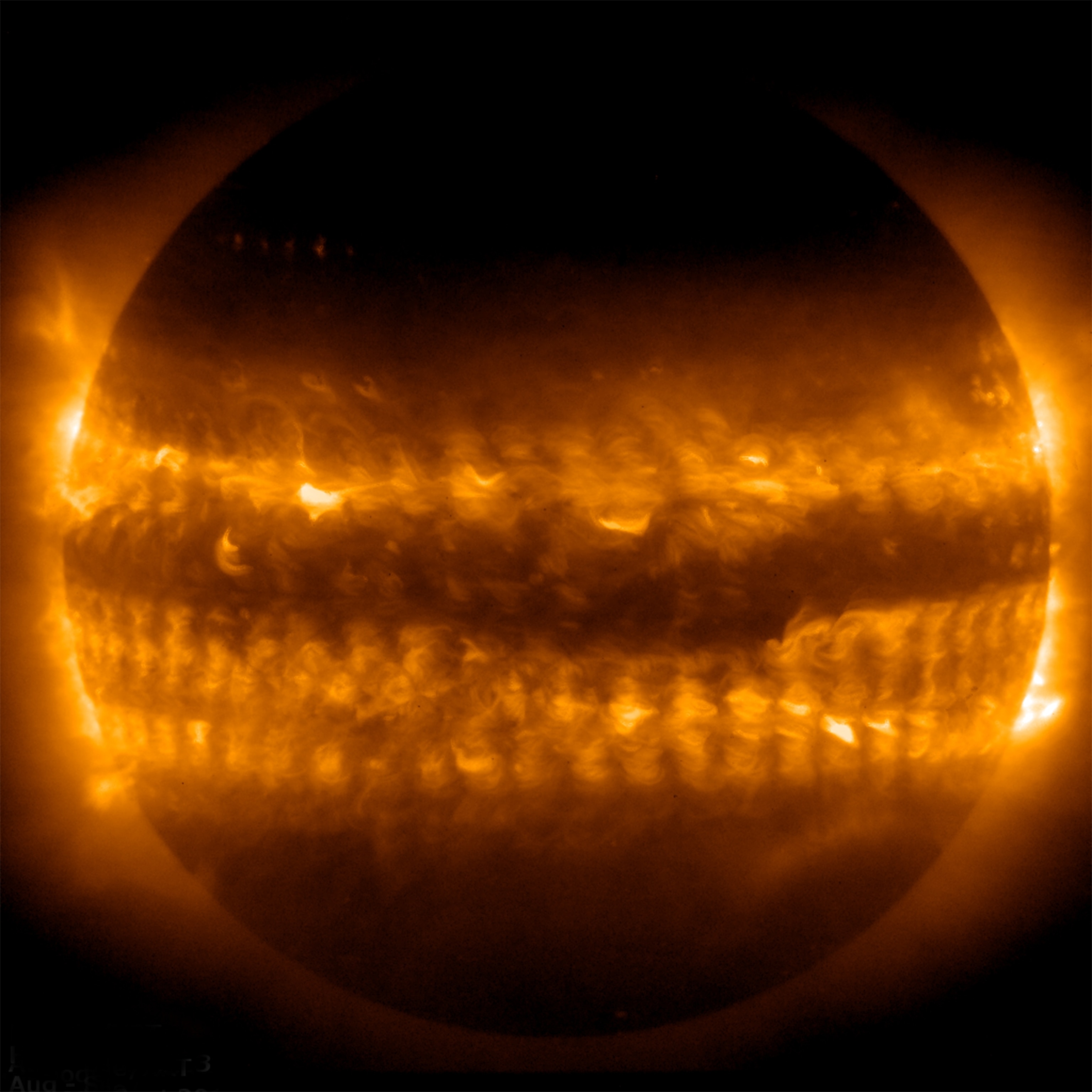 A collage of 54 images of the Sun's corona, the 10-million degree outer atmosphere, as it reaches the peak of the 11-year solar cycle from August to October, 2013.
