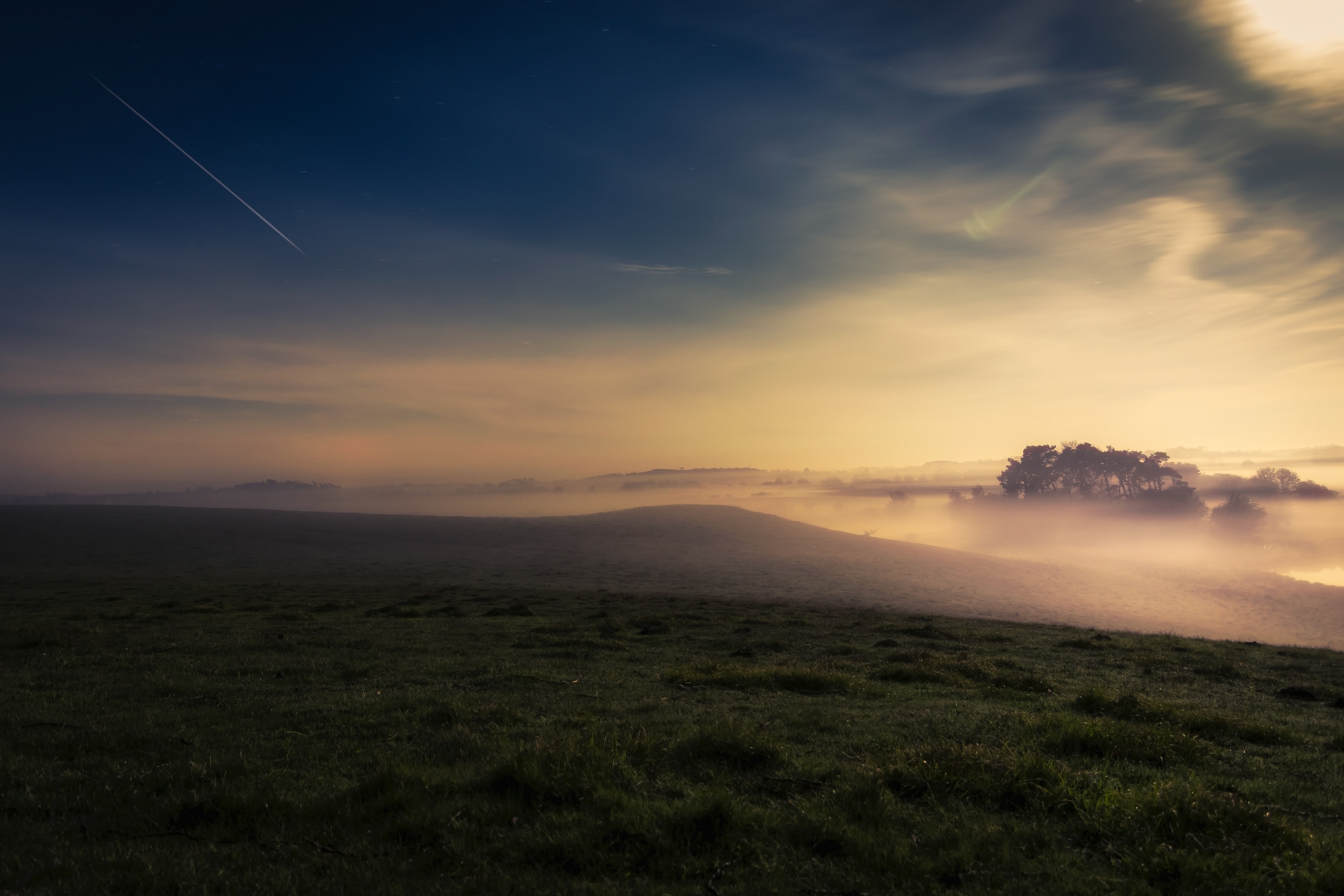 A serene landscape at dawn with grassy fields, a hazy mist, silhouetted trees, and a clear sky showcasing a bright shooting star.