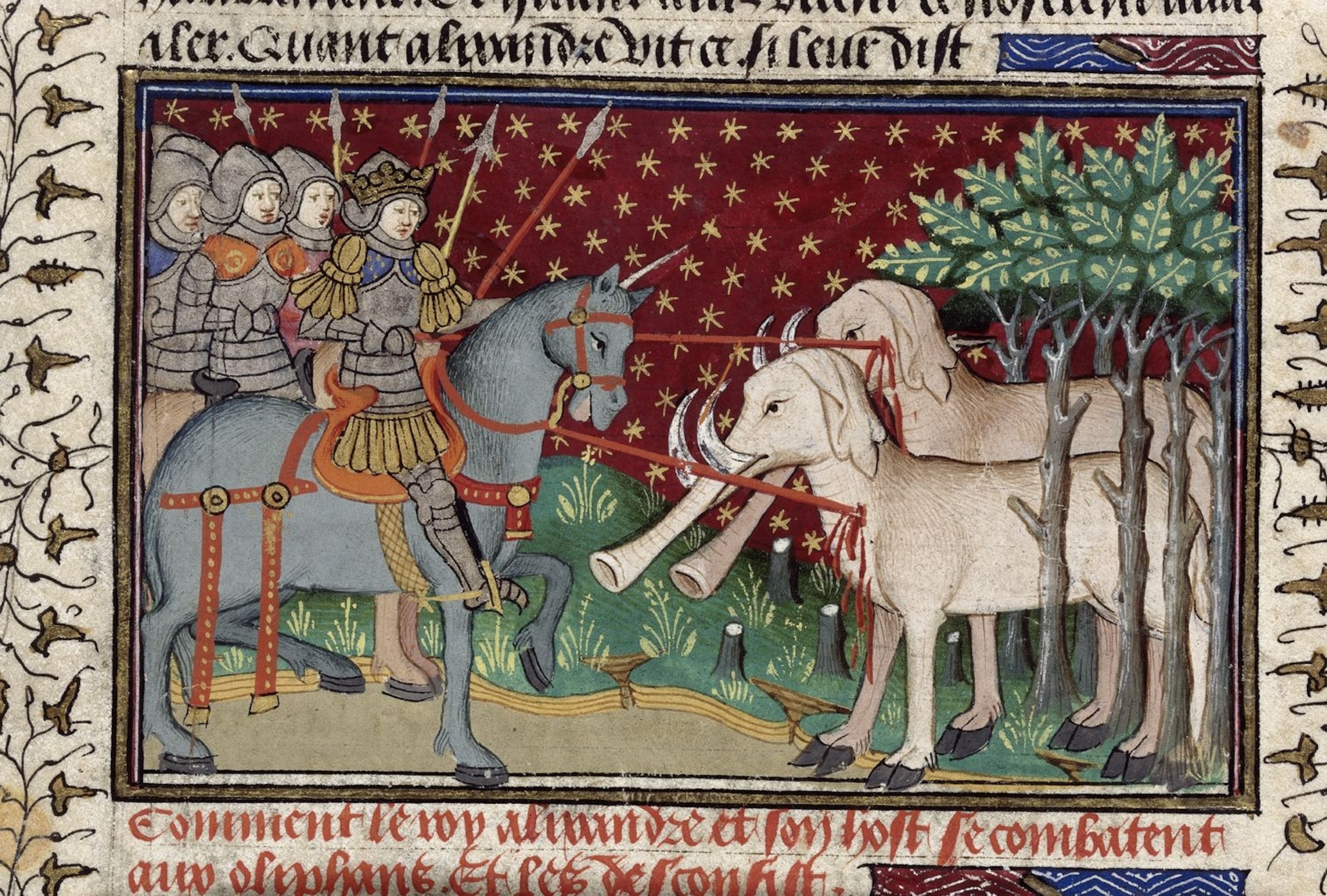 White elephants are attached with spears by men in armor.