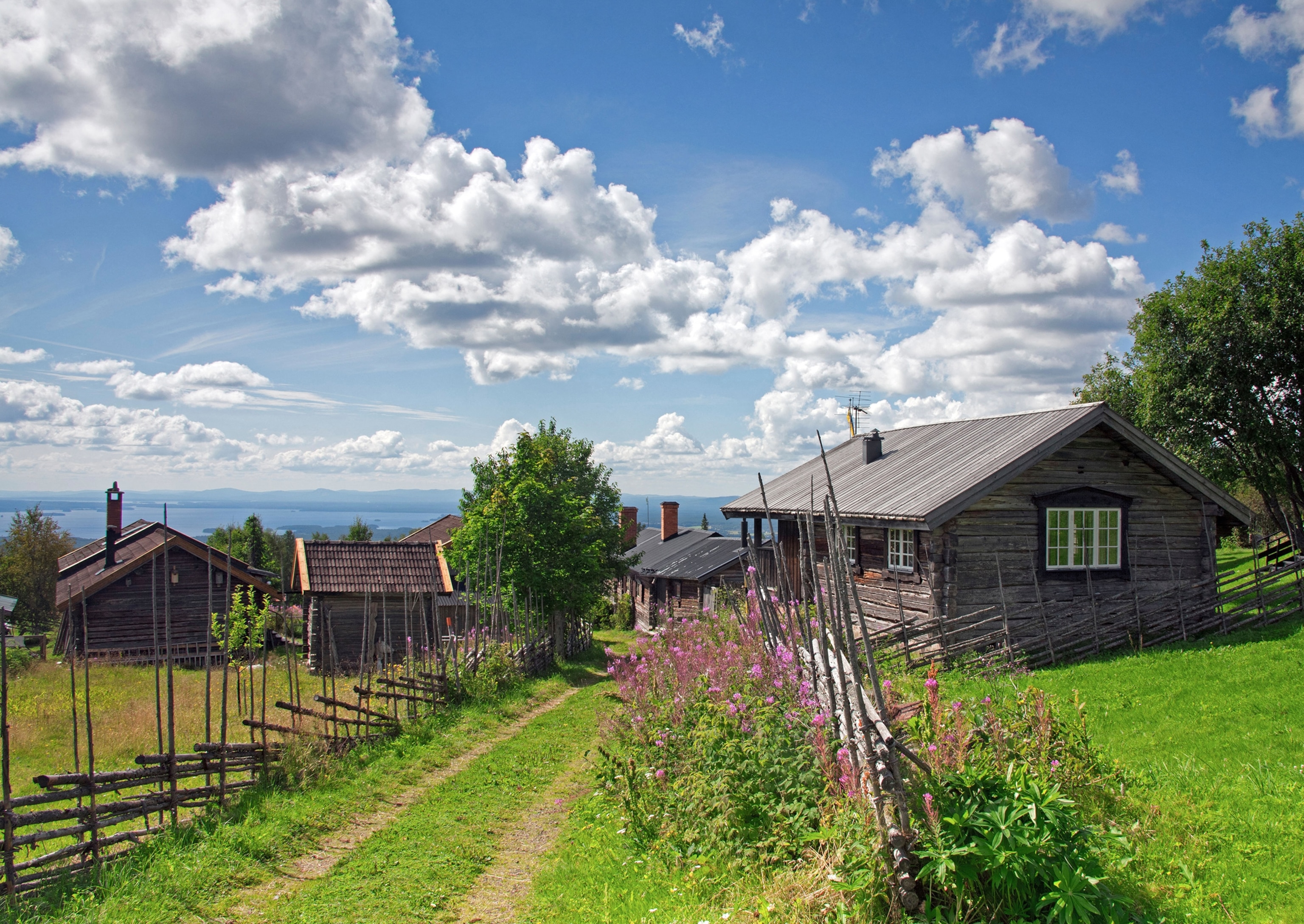 Traditional old wooden cottages / log cabins at the village Fryksås, Dalarna, Sweden, Scandinavia