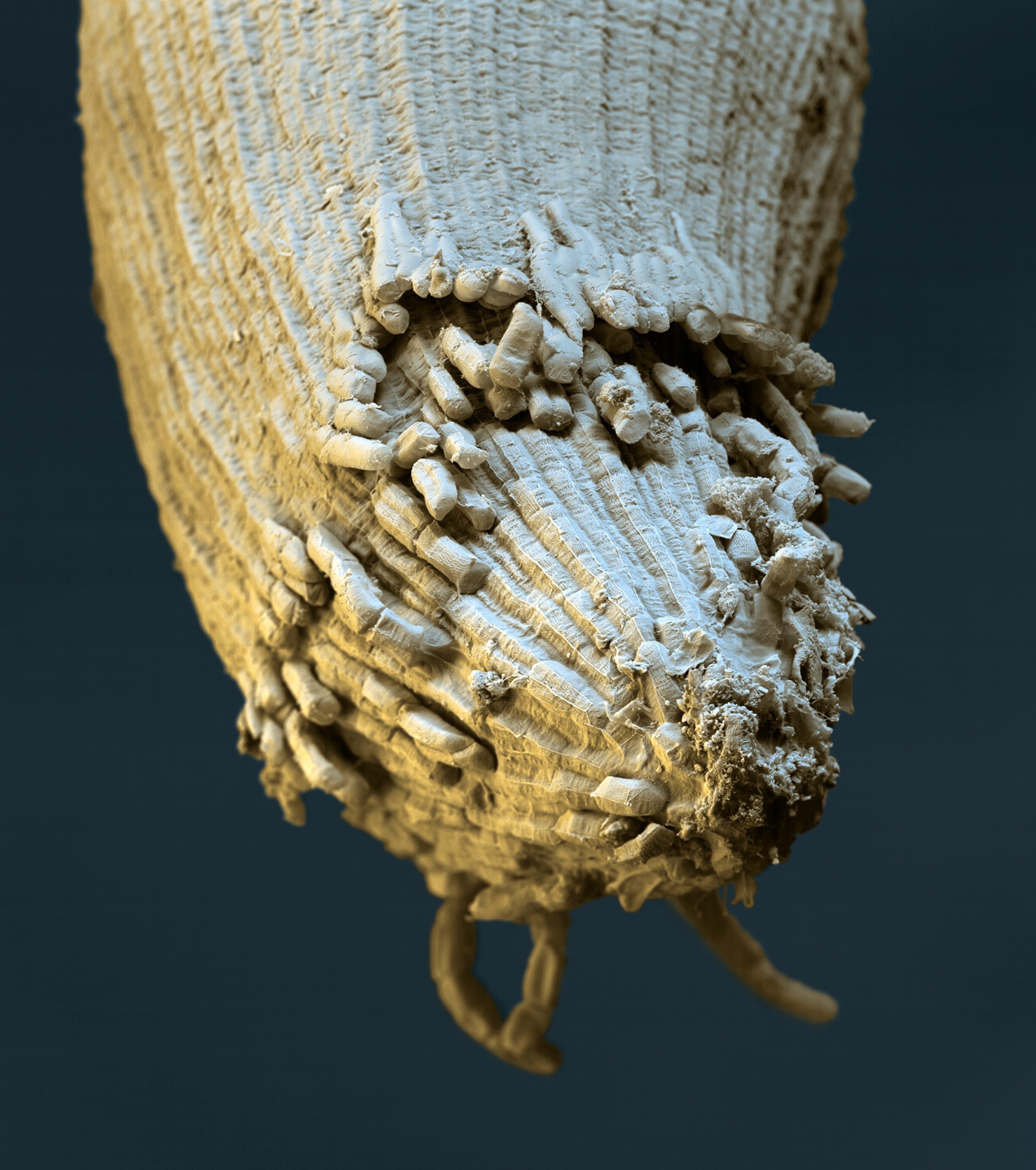 A grain of sprouted wheat, as seen by a scanning-electron microscope.