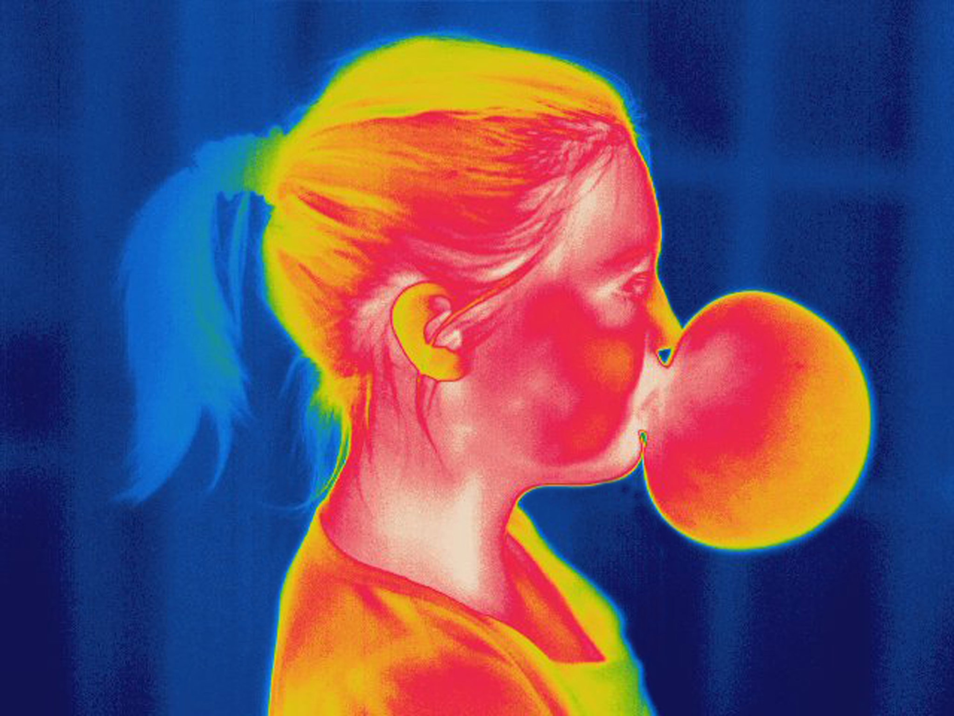 Thermogram of a person blowing a gum bubble.