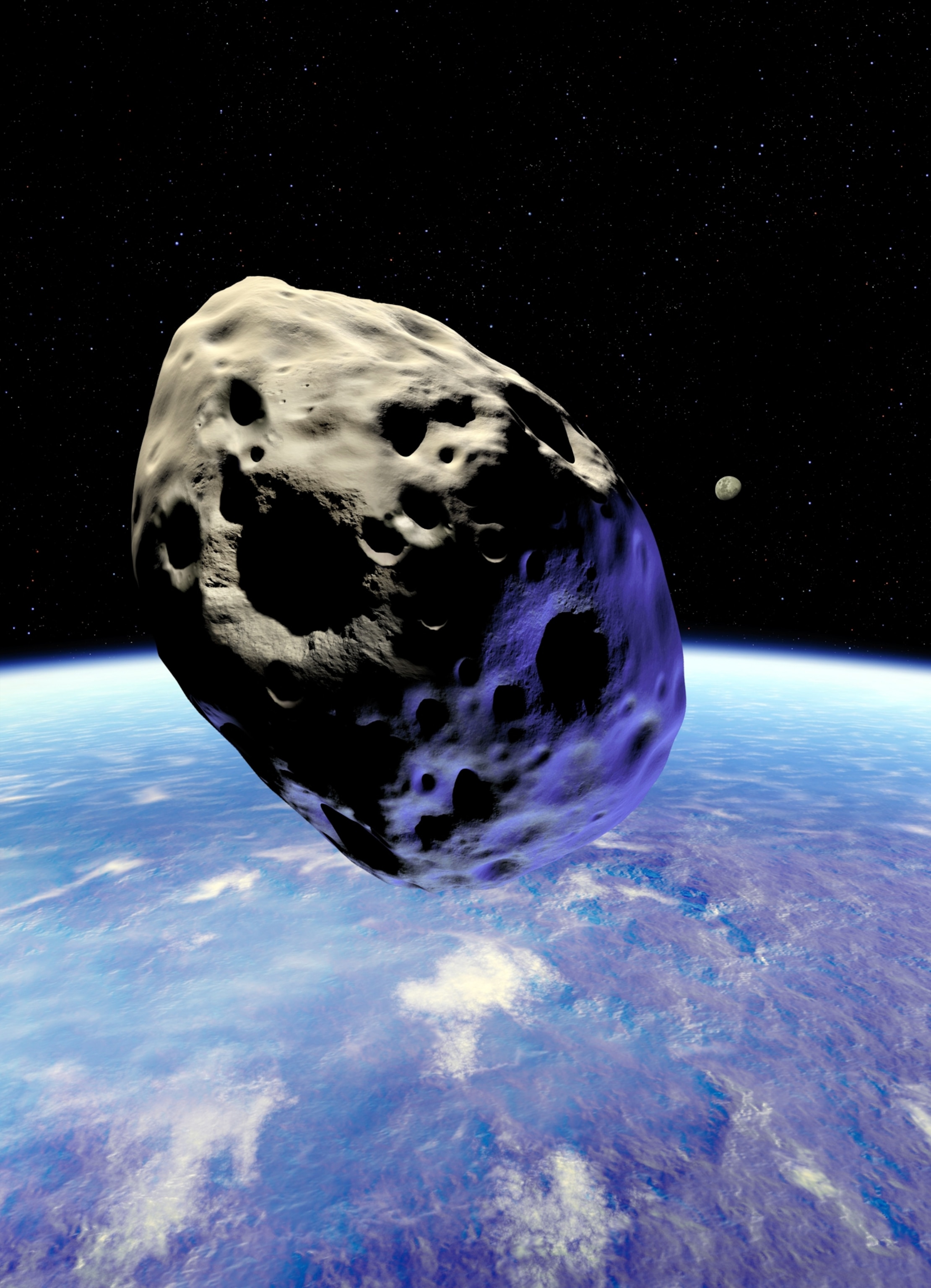 An illustration of an asteroid in close proximity to Earth. Earth's Moon can be seen in the distance.
