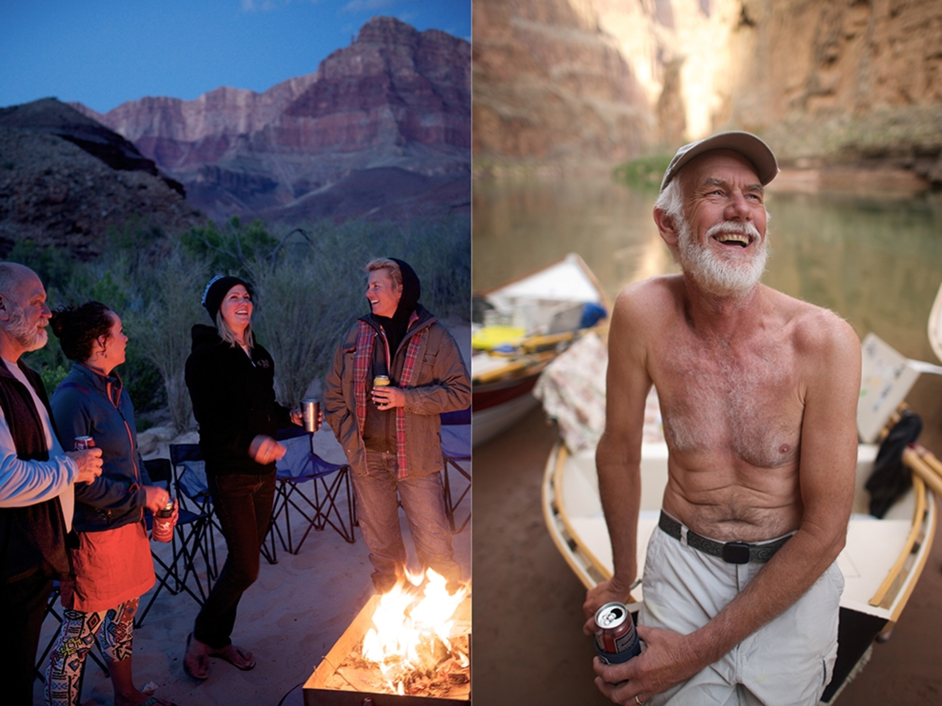 boaters around a campfire and a boat guide in the Grand Canyon