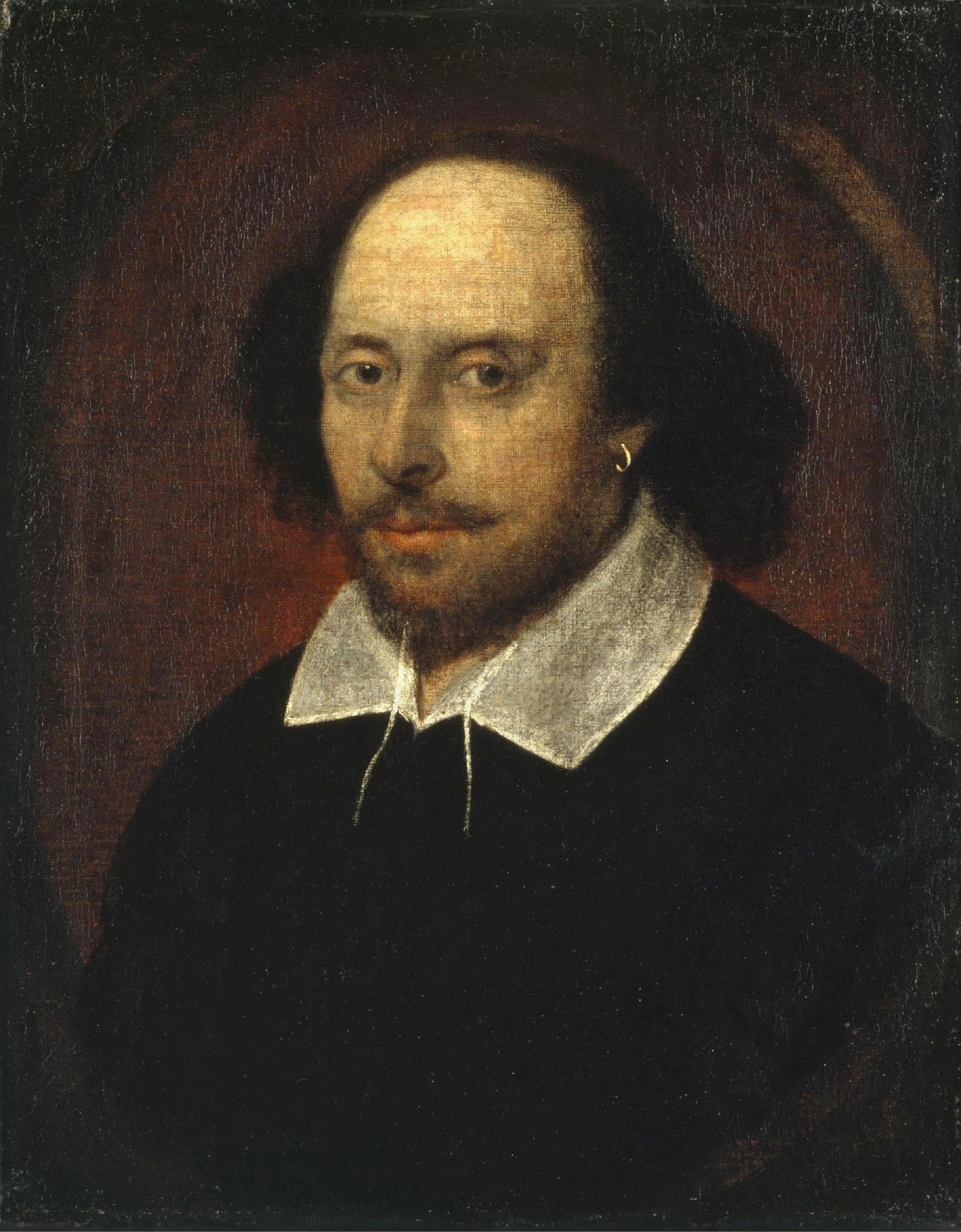 An oil painting of a man with a balding head, mustache, and goatee, wearing a black doublet with a white collar.