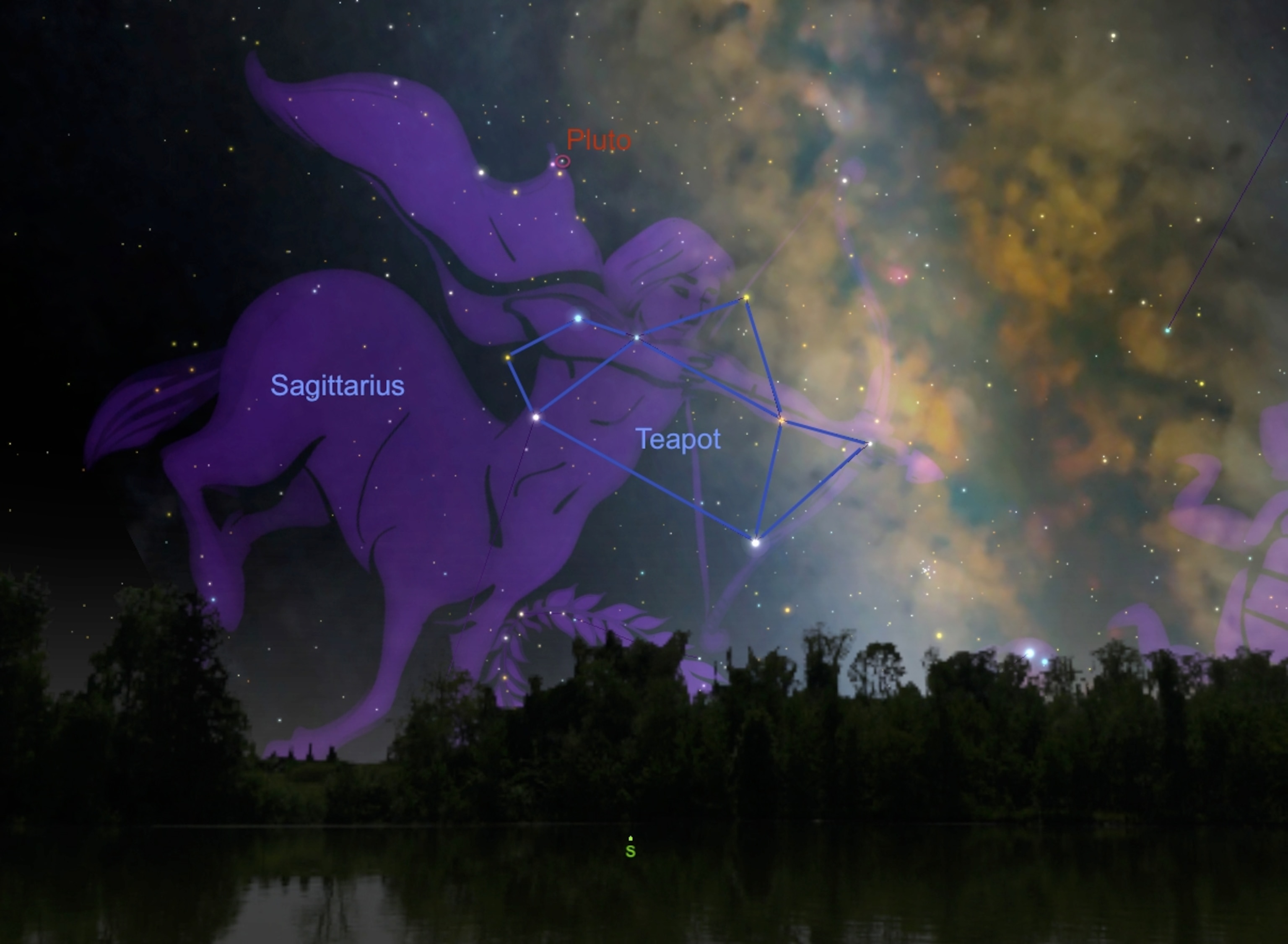 A drawing of a sky chart showing pluto