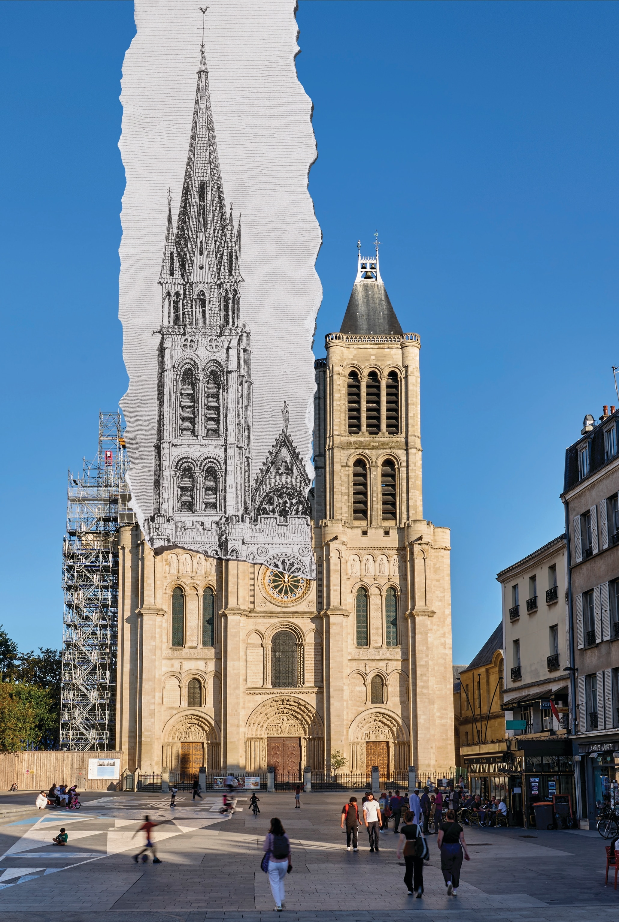 Color photograph of the cathedral with clipping from old black and white drawing in position of the missing tower.