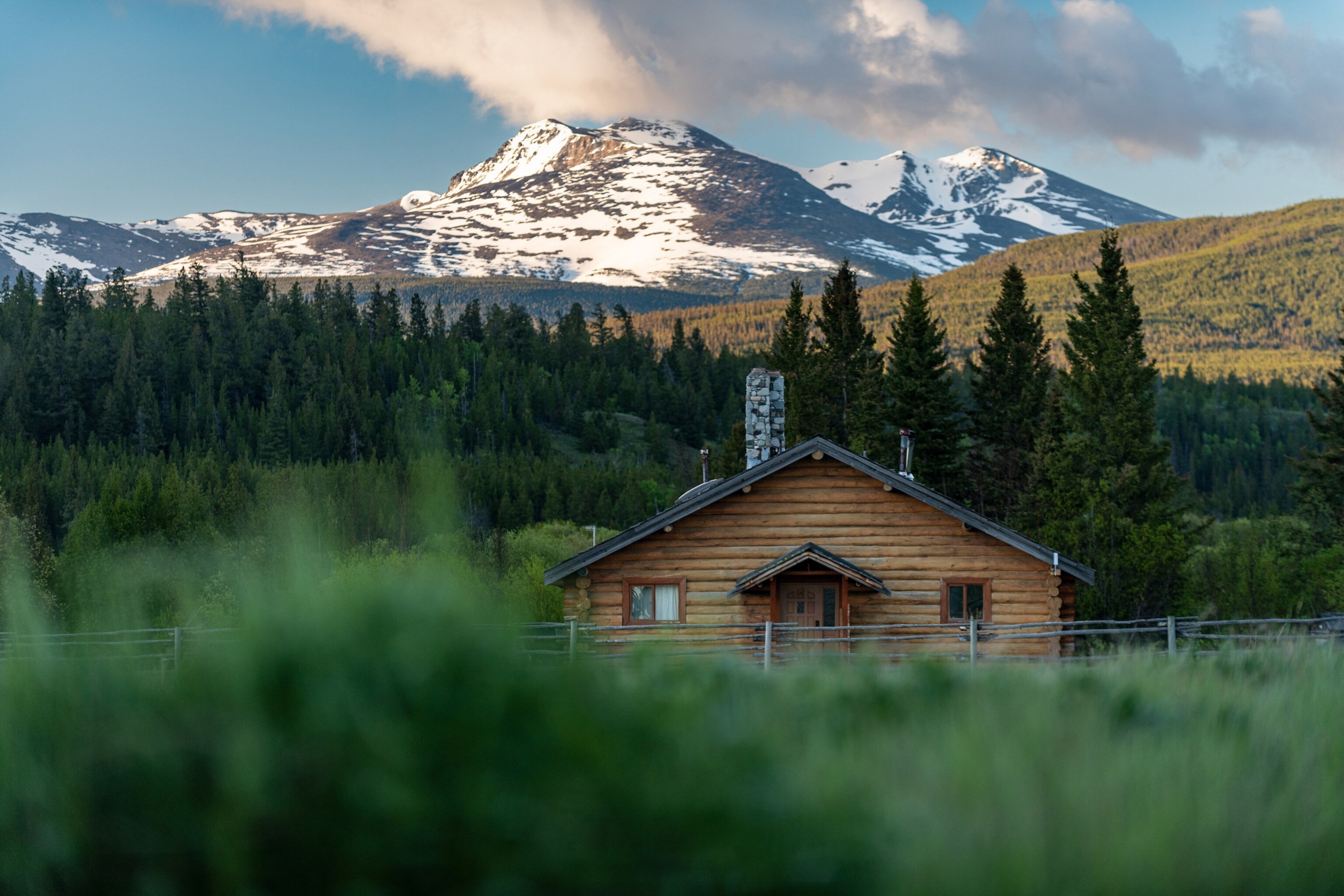 Cabin in woods with mountains in the background