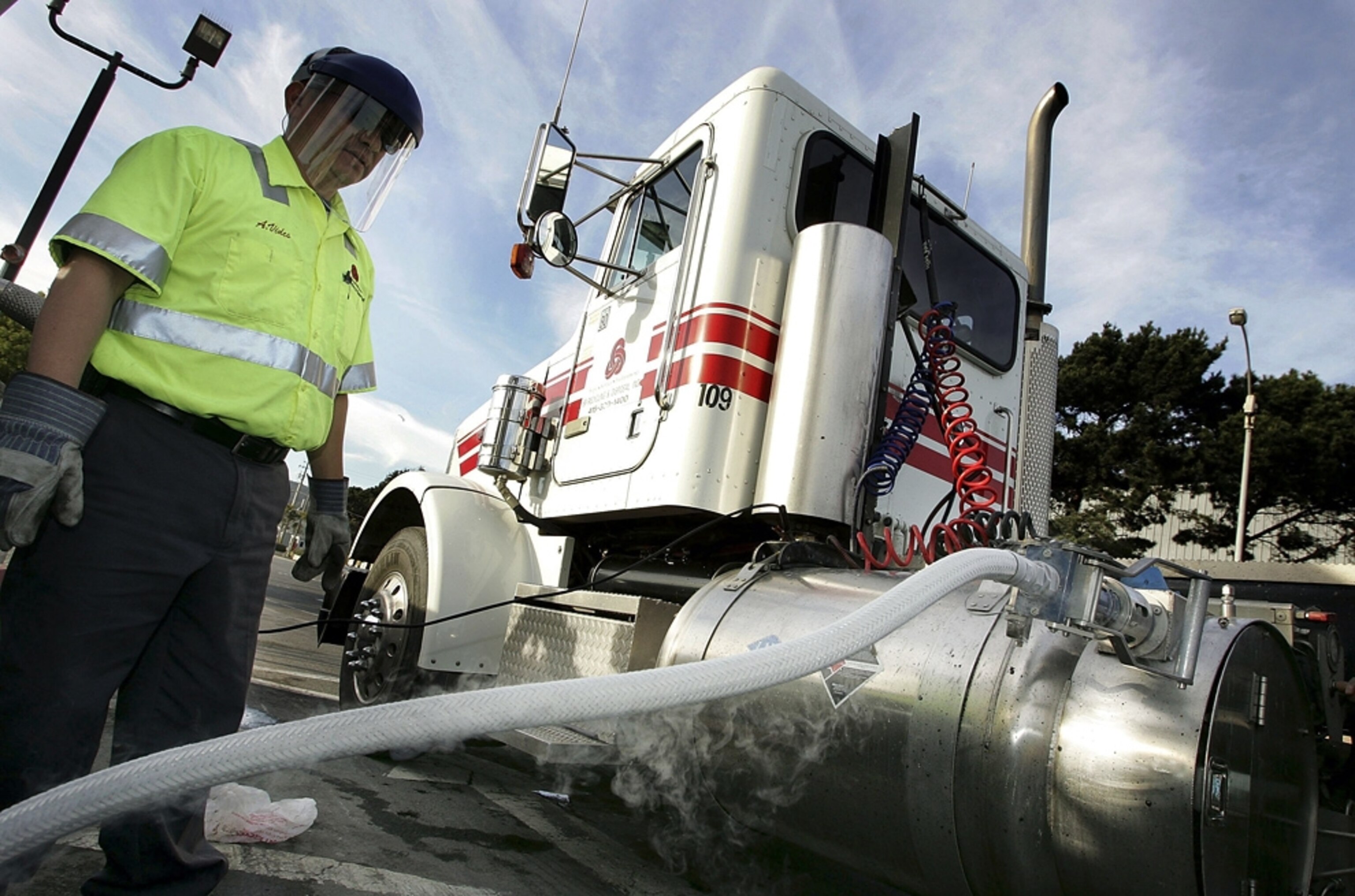 A truck is refilled with liquid natural gas in San Francisco, California.
