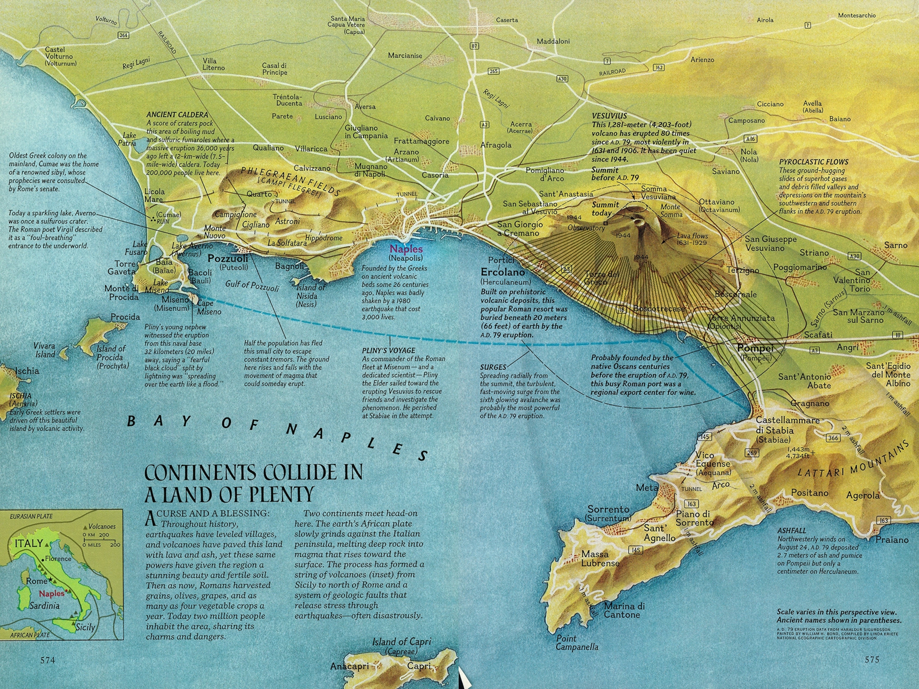 A map shows cities, volcanoes and notes historic points of interest in a portion of Italy around the Bay of Naples.
