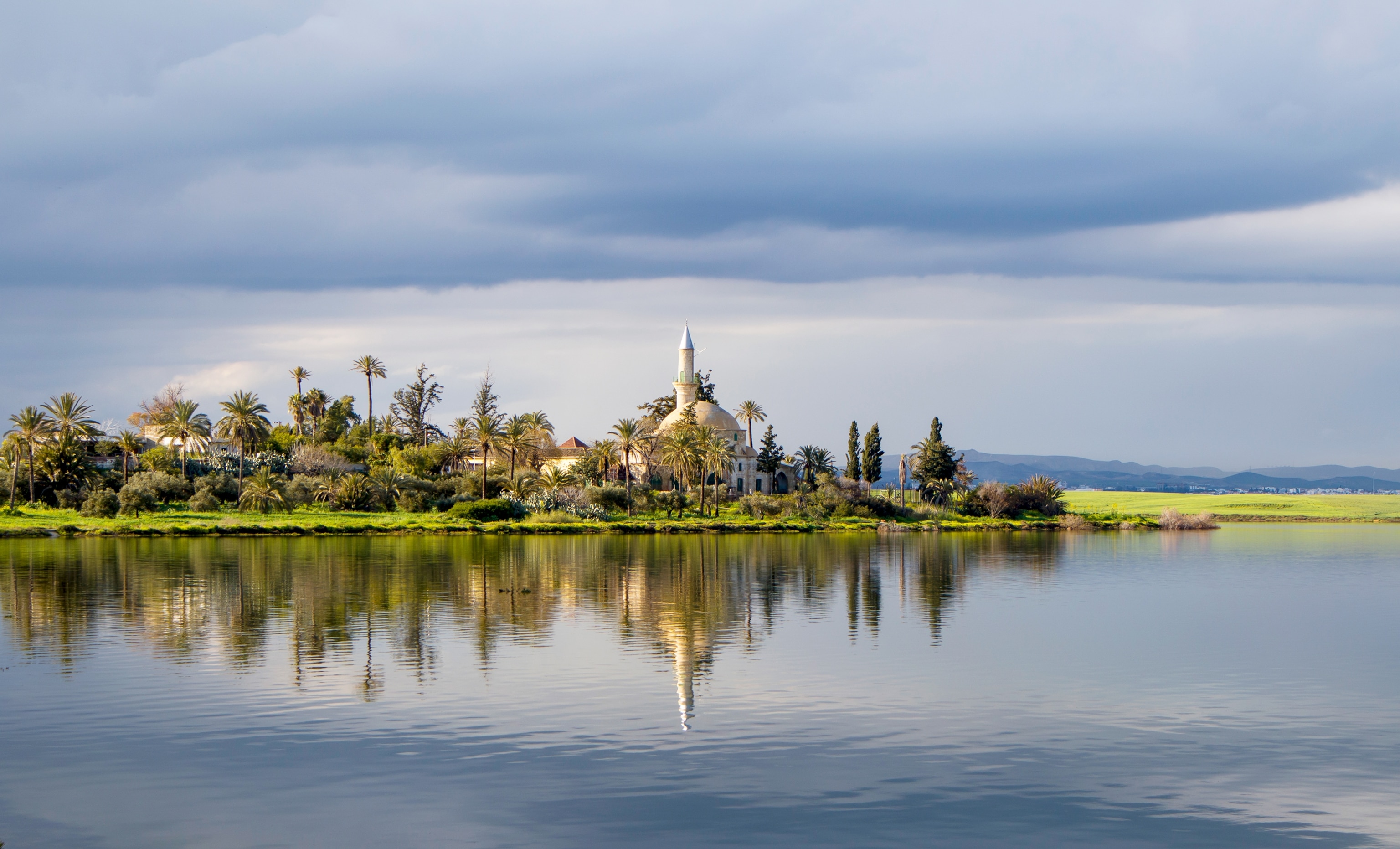 Hala Sultan Tekke or the Mosque of Umm Haram in Larnaca, Cyprus. The Mosque of Umm Haram is a Muslim shrine on the west bank of Larnaca Salt Lake near Larnaca.