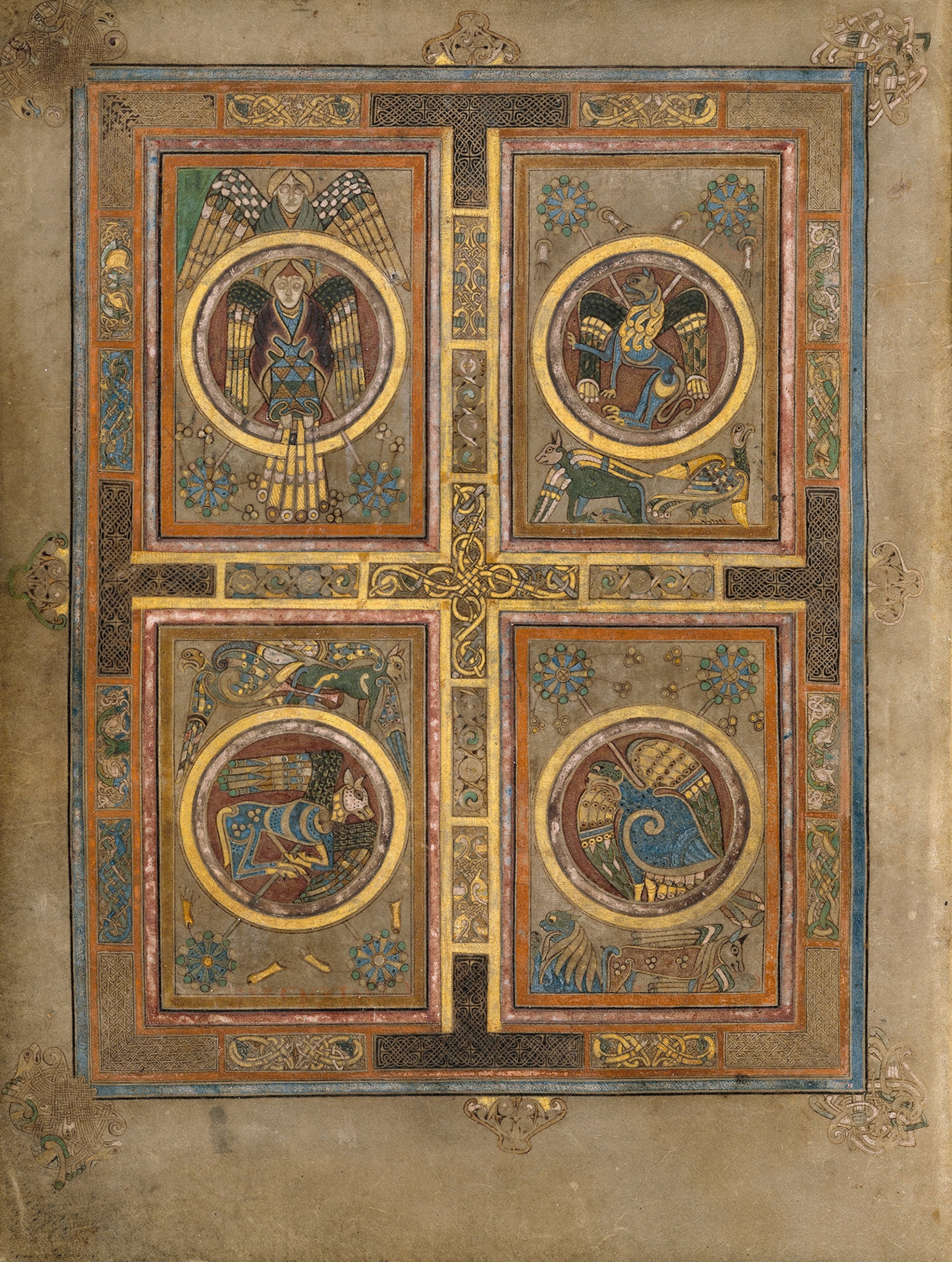 four creatures framed in spheres with detailed outlining.