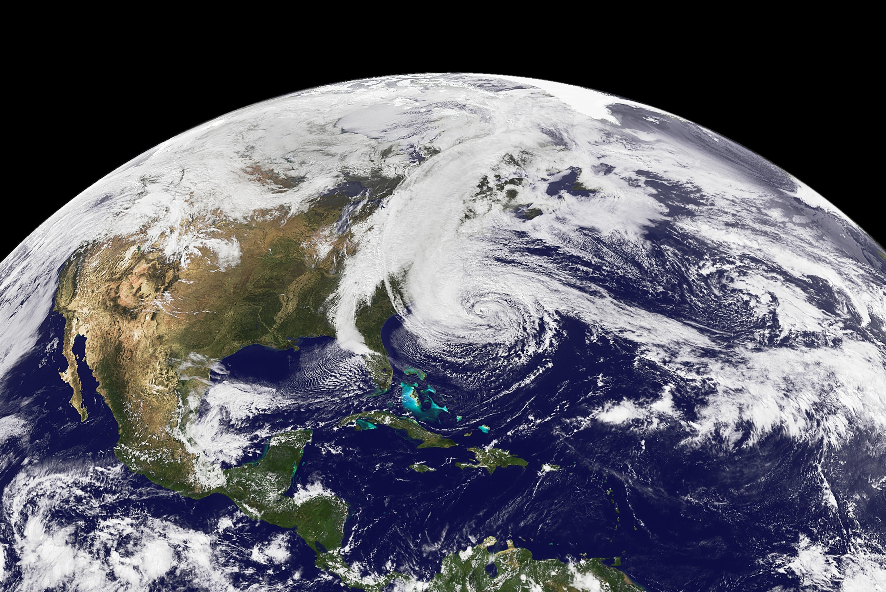 a satellite view of Hurricane Sandy on October 28, 2012.