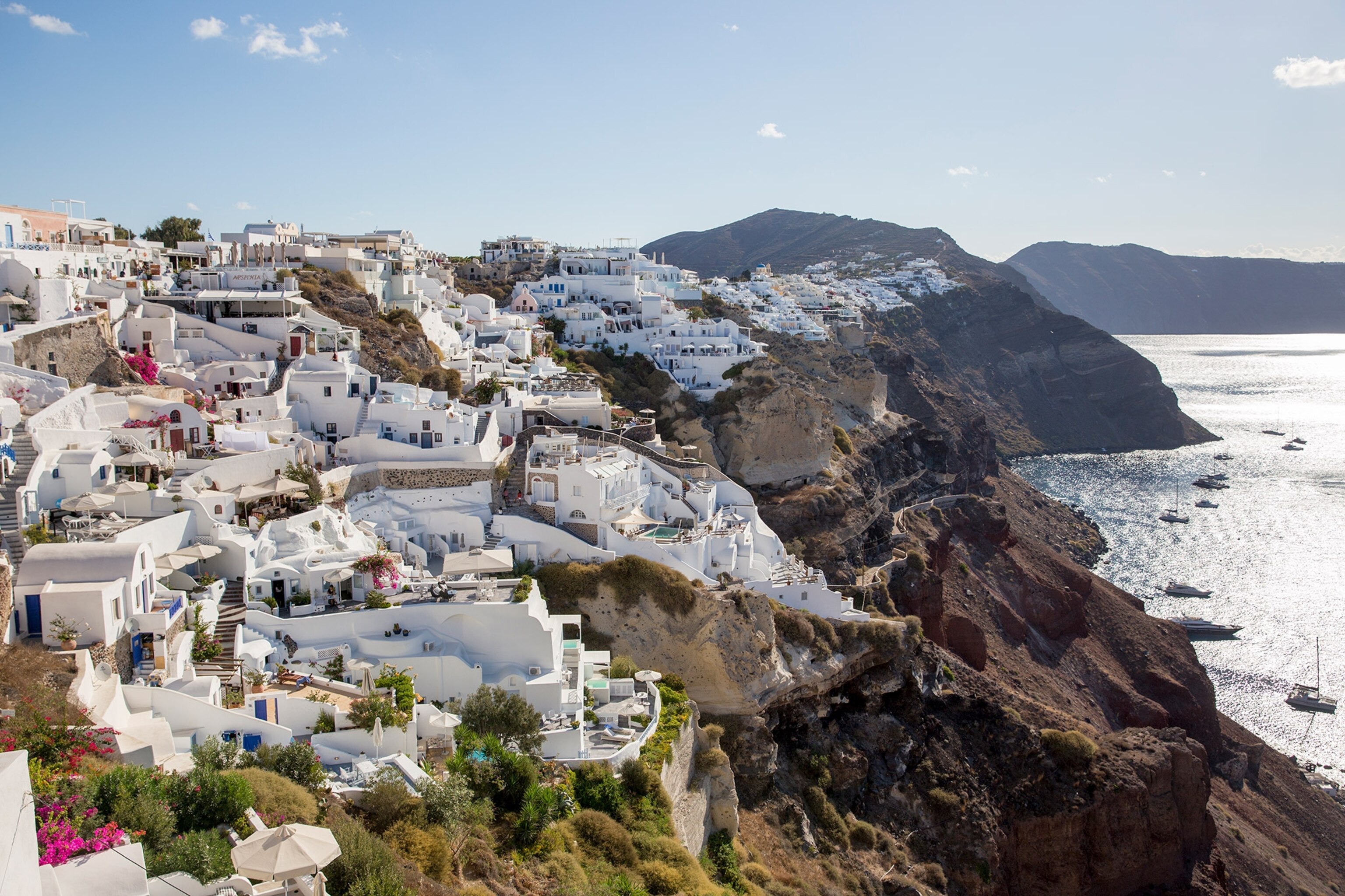the blue domes of Oia, Santorini, Greece.