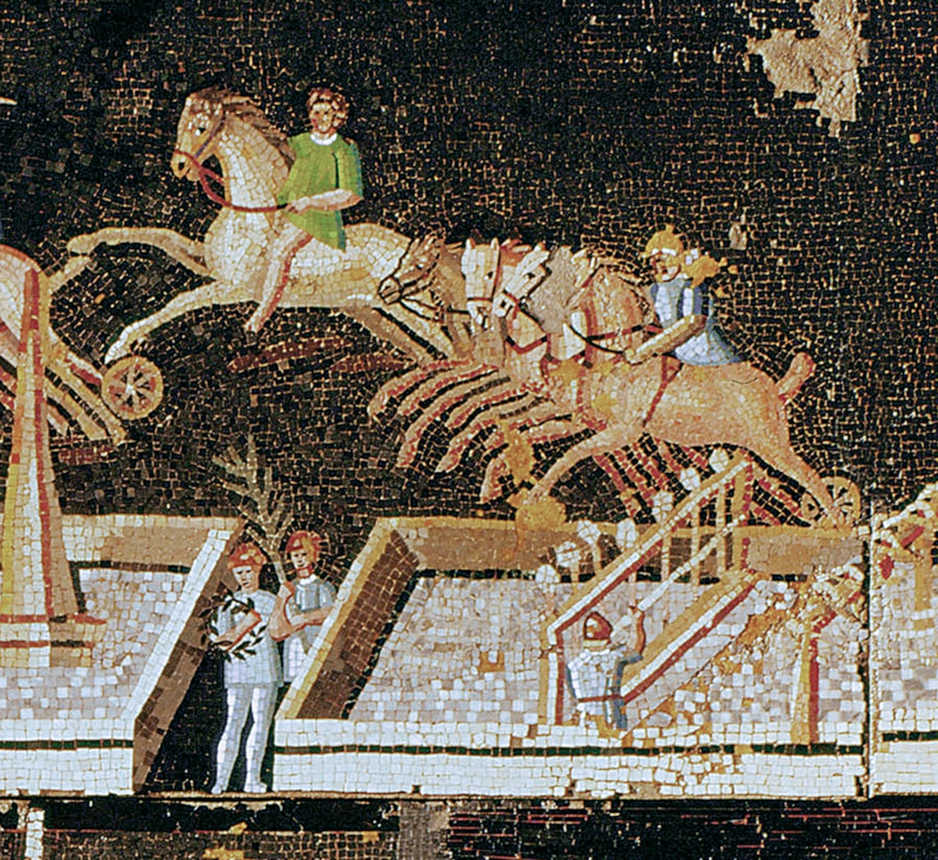 A mosaic of people performing jobs while others race chariots