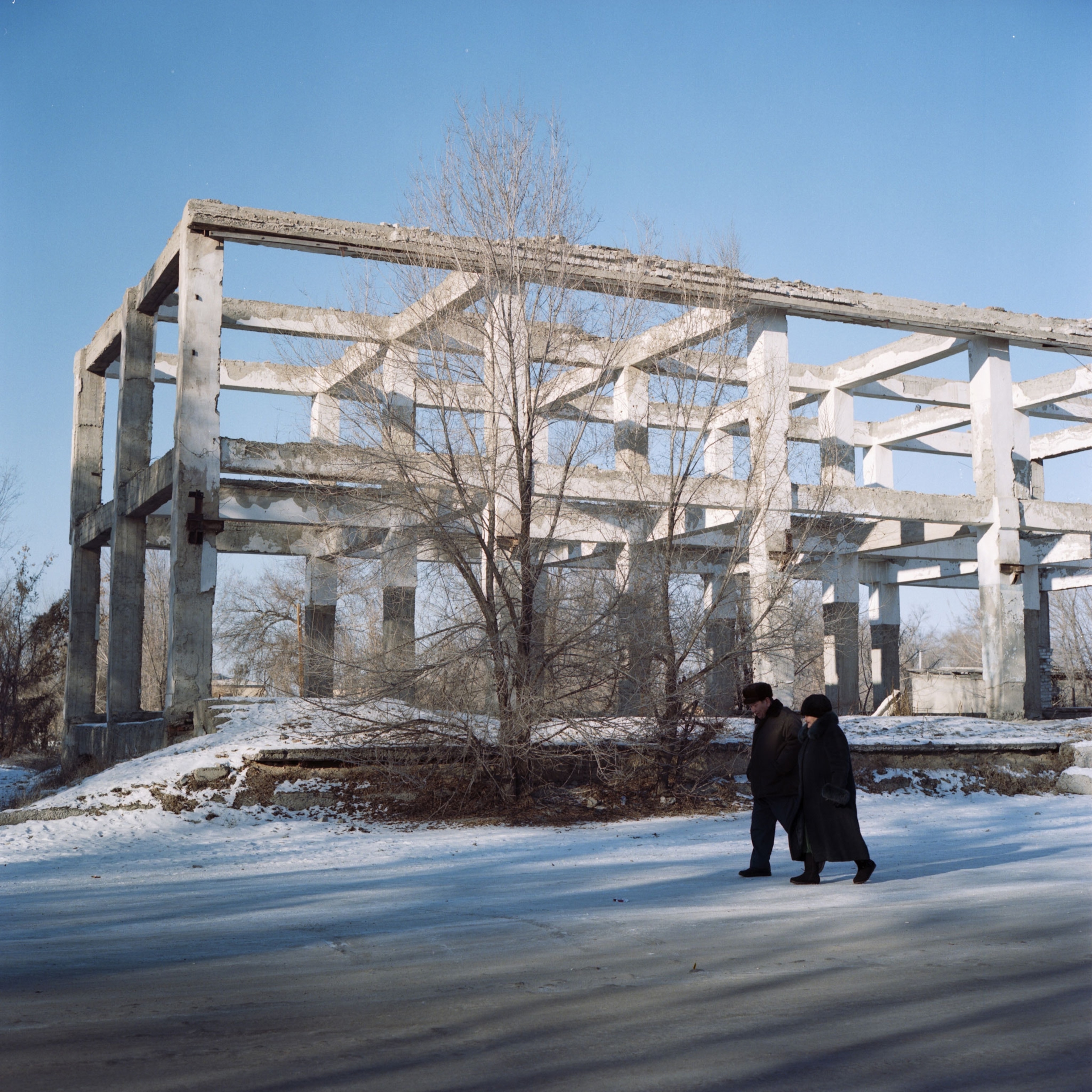 skeleton frame of a Soviet building in Ushtobe, Kazakhstan