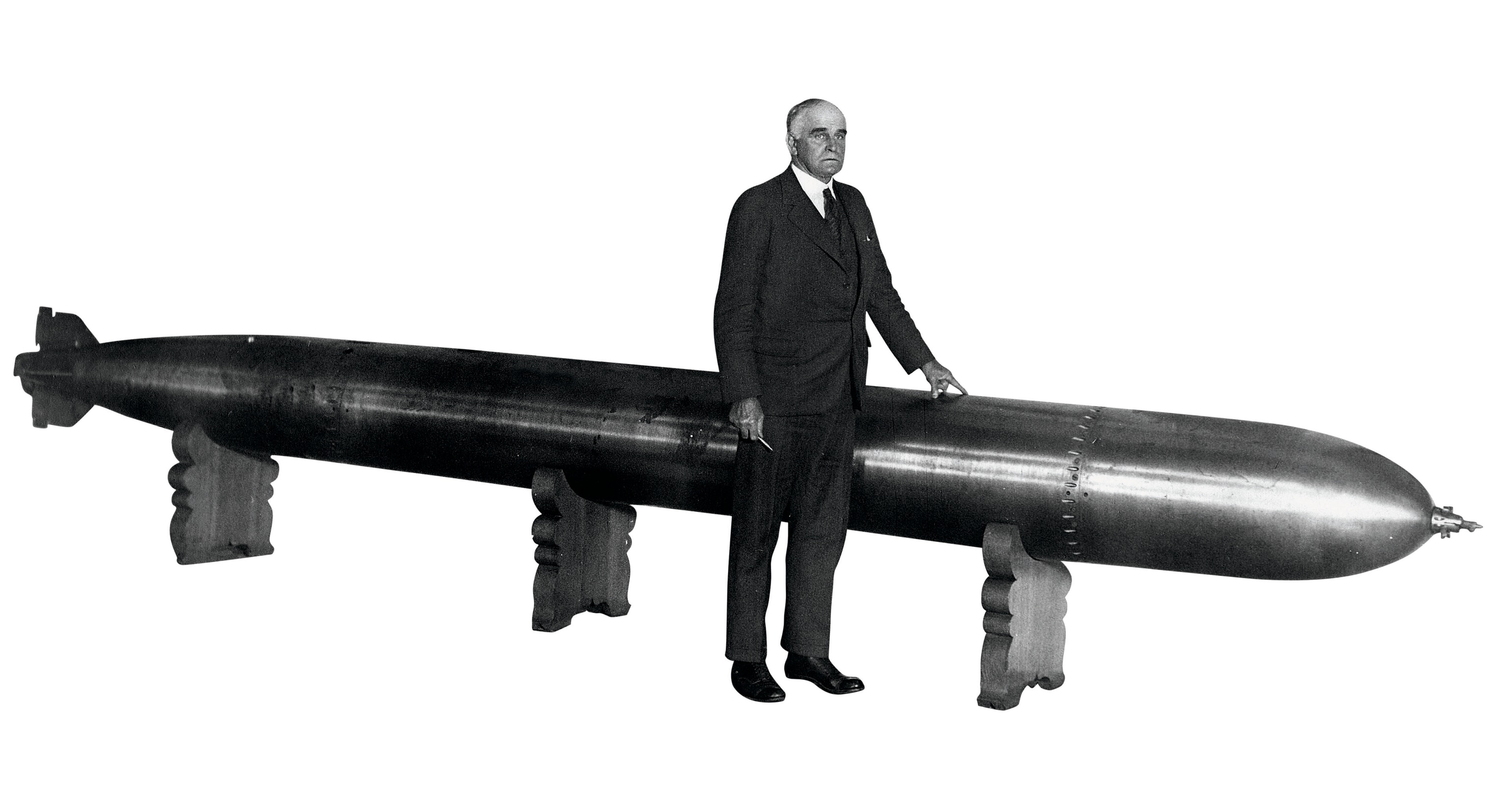 A German torpedo like the one used to sink the Lusitania is pictured.