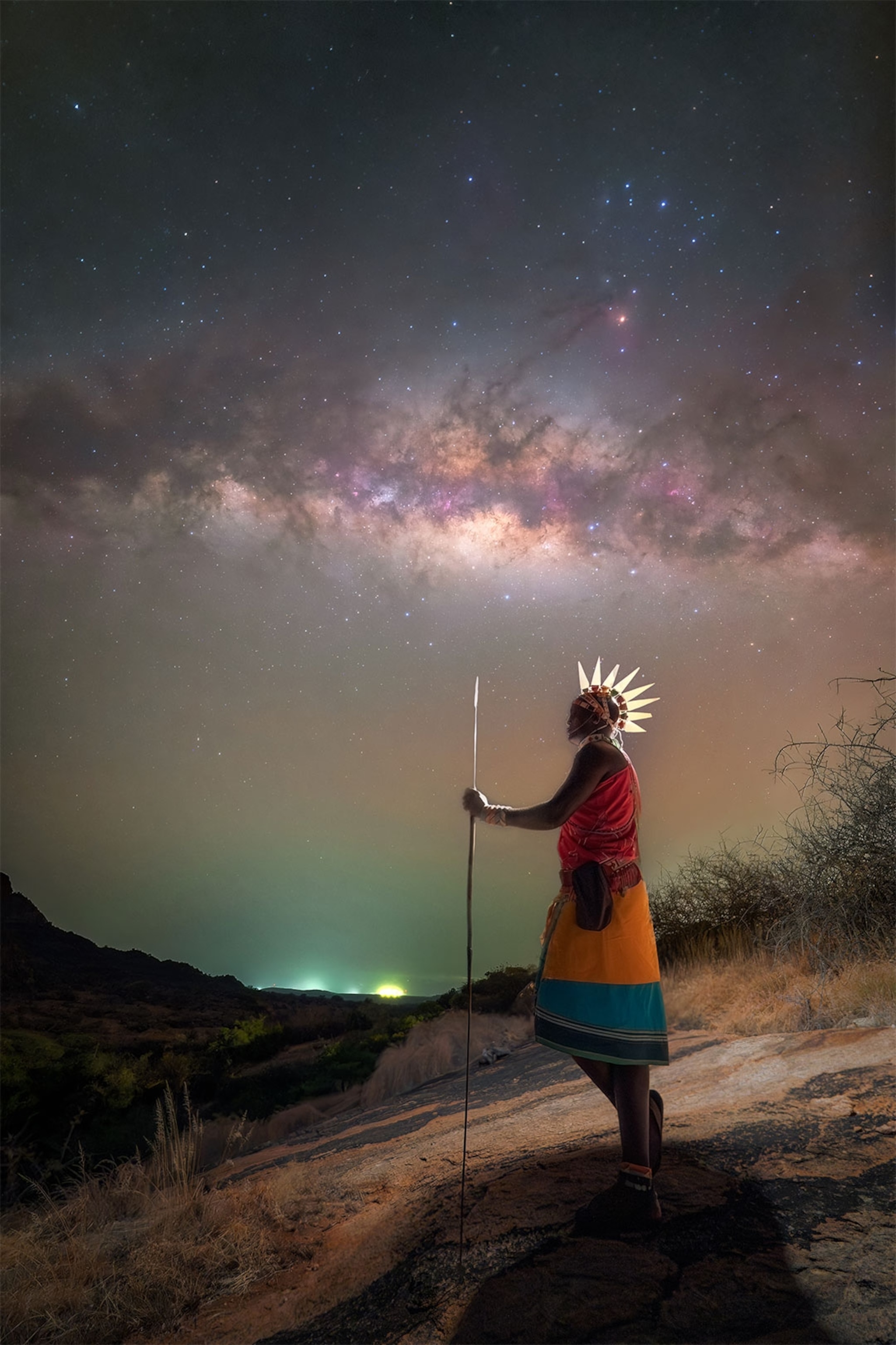 Samburu warrior under starlit sky