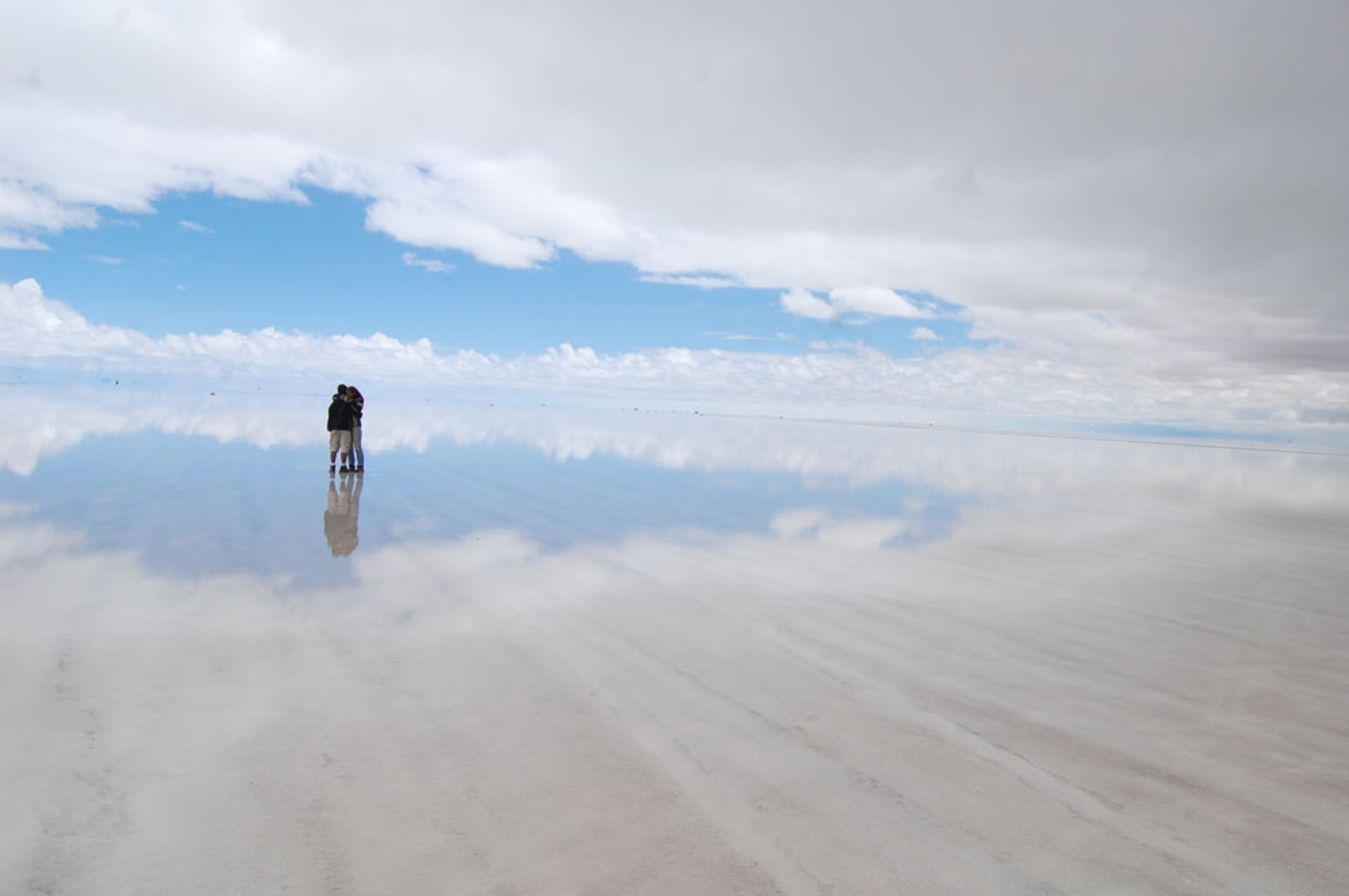 Couple embracing on Bolivian Salt Flats